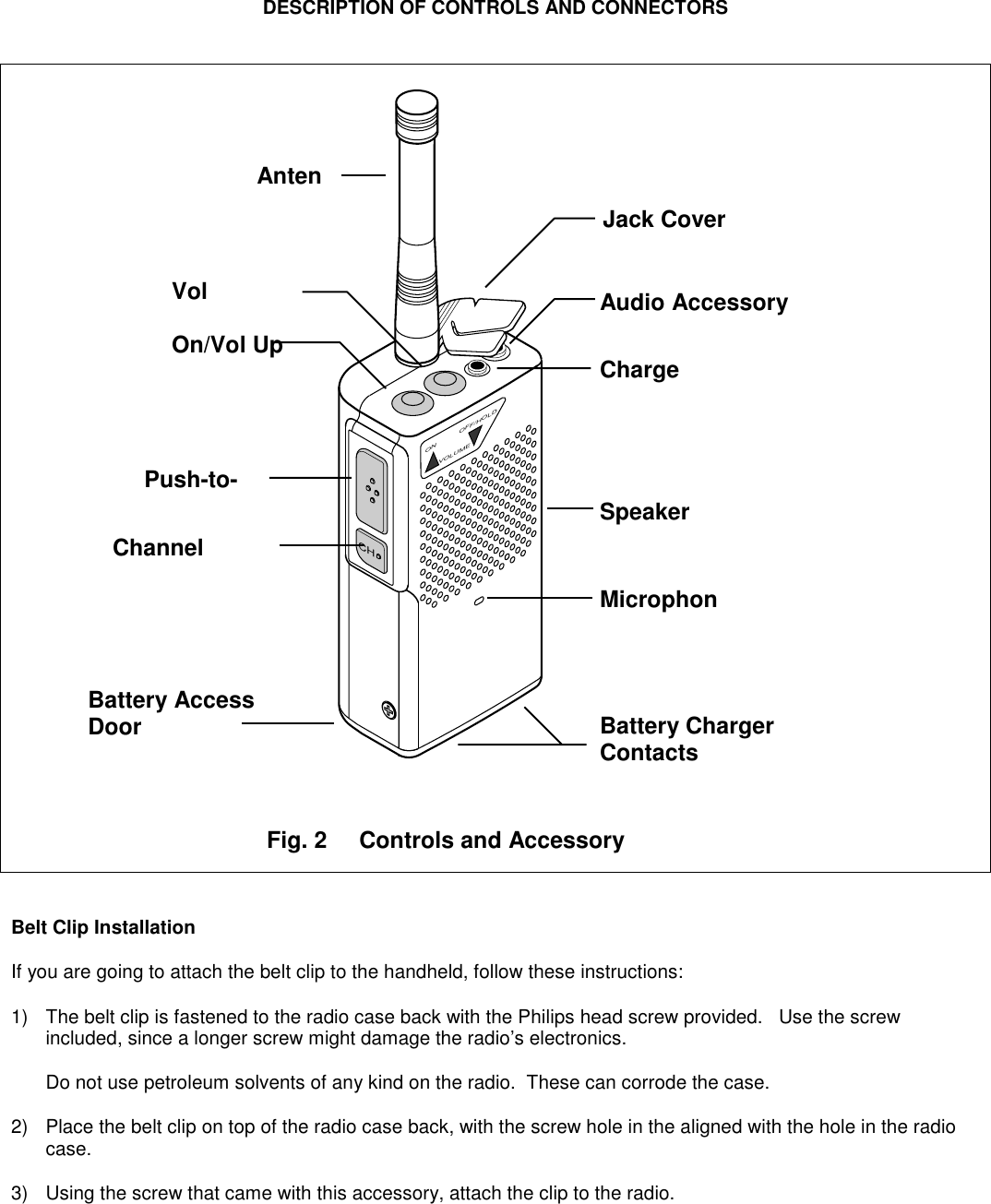 DESCRIPTION OF CONTROLS AND CONNECTORS                                                             CHON OFF/HOLDVOLUMEBelt Clip InstallationIf you are going to attach the belt clip to the handheld, follow these instructions:1) The belt clip is fastened to the radio case back with the Philips head screw provided.   Use the screwincluded, since a longer screw might damage the radio’s electronics.Do not use petroleum solvents of any kind on the radio.  These can corrode the case.2) Place the belt clip on top of the radio case back, with the screw hole in the aligned with the hole in the radiocase.3) Using the screw that came with this accessory, attach the clip to the radio.AntenVolOn/Vol UpAudio AccessoryJack CoverChargeSpeakerMicrophonPush-to-ChannelBattery AccessDoor Battery ChargerContactsFig. 2     Controls and Accessory