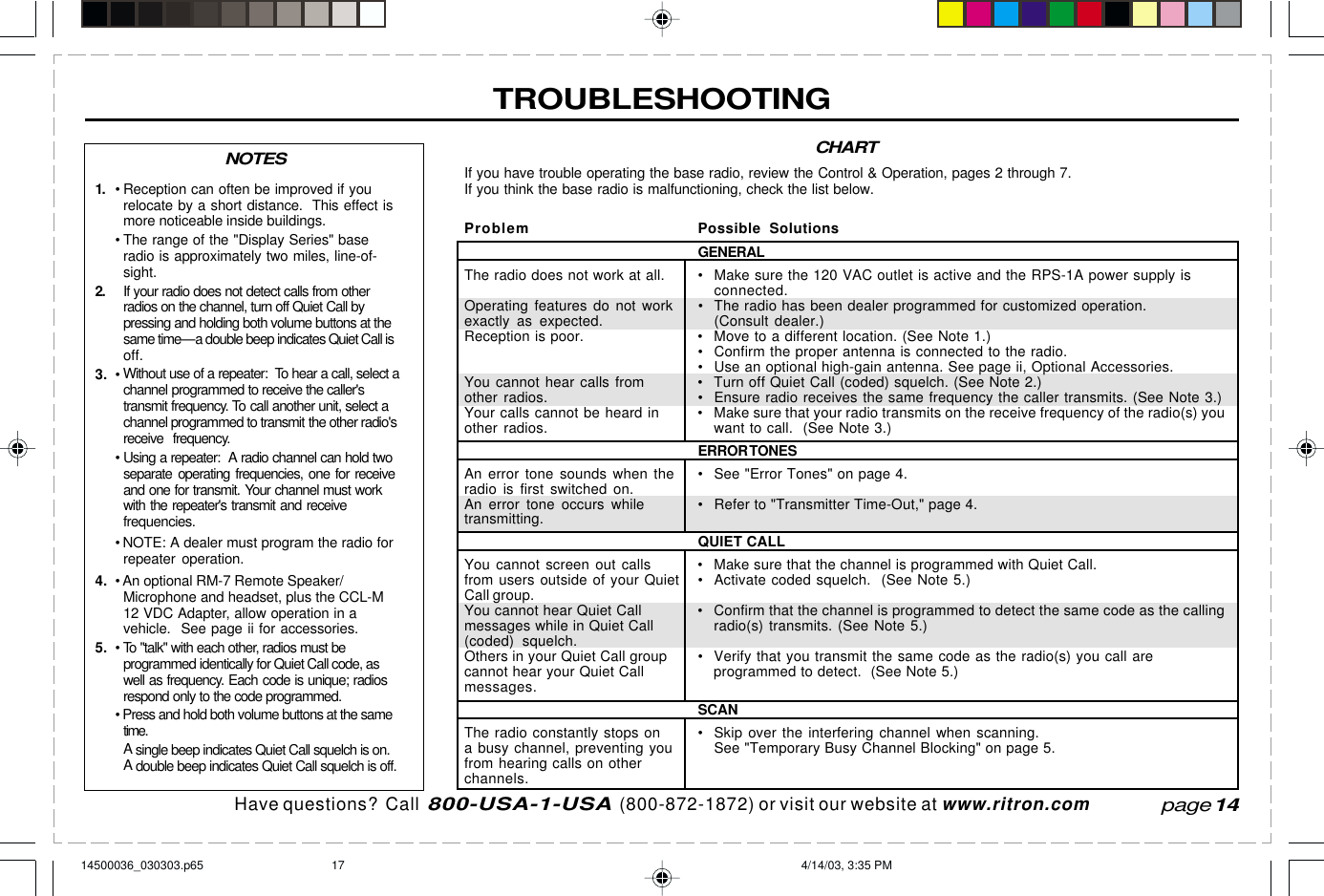 Have questions?  Call  800-USA-1-USA  (800-872-1872) or visit our website at www.ritron.comTROUBLESHOOTING1. • Reception can often be improved if yourelocate by a short distance.  This effect ismore noticeable inside buildings.• The range of the &quot;Display Series&quot; baseradio is approximately two miles, line-of-sight.2. If your radio does not detect calls from otherradios on the channel, turn off Quiet Call bypressing and holding both volume buttons at thesame time—a double beep indicates Quiet Call isoff.3. • Without use of a repeater:  To hear a call, select achannel programmed to receive the caller&apos;stransmit frequency. To call another unit, select achannel programmed to transmit the other radio&apos;sreceive frequency.• Using a repeater:  A radio channel can hold twoseparate operating frequencies, one for receiveand one for transmit. Your channel must workwith the repeater&apos;s transmit and receivefrequencies.• NOTE: A dealer must program the radio forrepeater operation.4. • An optional RM-7 Remote Speaker/Microphone and headset, plus the CCL-M12 VDC Adapter, allow operation in avehicle.  See page ii for accessories.5. • To &quot;talk&quot; with each other, radios must beprogrammed identically for Quiet Call code, aswell as frequency. Each code is unique; radiosrespond only to the code programmed.• Press and hold both volume buttons at the sametime.A single beep indicates Quiet Call squelch is on.A double beep indicates Quiet Call squelch is off.CHARTNOTESIf you have trouble operating the base radio, review the Control &amp; Operation, pages 2 through 7.If you think the base radio is malfunctioning, check the list below.Problem Possible SolutionsGENERALThe radio does not work at all. • Make sure the 120 VAC outlet is active and the RPS-1A power supply isconnected.Operating features do not work • The radio has been dealer programmed for customized operation.exactly as expected. (Consult dealer.)Reception is poor. • Move to a different location. (See Note 1.)• Confirm the proper antenna is connected to the radio.• Use an optional high-gain antenna. See page ii, Optional Accessories.You cannot hear calls from • Turn off Quiet Call (coded) squelch. (See Note 2.)other radios. • Ensure radio receives the same frequency the caller transmits. (See Note 3.)Your calls cannot be heard in • Make sure that your radio transmits on the receive frequency of the radio(s) youother radios. want to call.  (See Note 3.)ERROR TONESAn error tone sounds when the • See &quot;Error Tones&quot; on page 4.radio is first switched on.An  error  tone  occurs  while • Refer to &quot;Transmitter Time-Out,&quot; page 4.transmitting.QUIET CALLYou cannot screen out calls • Make sure that the channel is programmed with Quiet Call.from users outside of your Quiet • Activate coded squelch.  (See Note 5.)Call group.You cannot hear Quiet Call • Confirm that the channel is programmed to detect the same code as the callingmessages while in Quiet Call radio(s) transmits. (See Note 5.)(coded) squelch.Others in your Quiet Call group • Verify that you transmit the same code as the radio(s) you call arecannot hear your Quiet Call programmed to detect.  (See Note 5.)messages.SCANThe radio constantly stops on • Skip over the interfering channel when scanning.a busy channel, preventing you See &quot;Temporary Busy Channel Blocking&quot; on page 5.from hearing calls on otherchannels.page 1414500036_030303.p65 4/14/03, 3:35 PM17