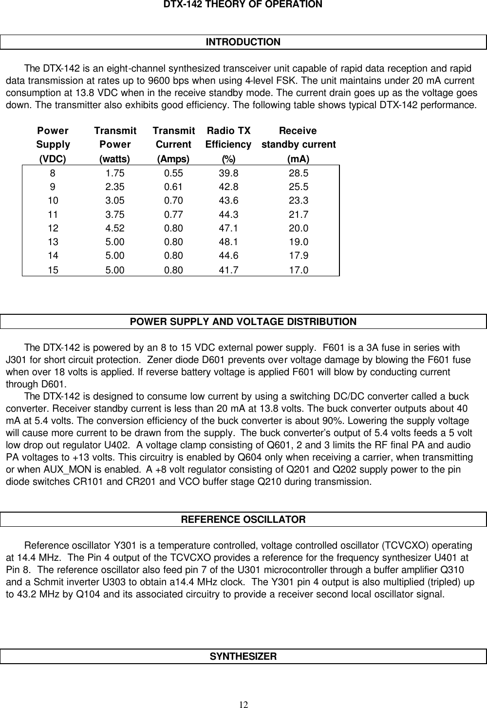    12   DTX-142 THEORY OF OPERATION   INTRODUCTION  The DTX-142 is an eight-channel synthesized transceiver unit capable of rapid data reception and rapid data transmission at rates up to 9600 bps when using 4-level FSK. The unit maintains under 20 mA current consumption at 13.8 VDC when in the receive standby mode. The current drain goes up as the voltage goes down. The transmitter also exhibits good efficiency. The following table shows typical DTX-142 performance.   Power Transmit Transmit Radio TX Receive    Supply Power Current Efficiency standby current   (VDC) (watts) (Amps) (%) (mA)   8 1.75 0.55 39.8 28.5    9 2.35 0.61 42.8 25.5    10 3.05 0.70 43.6 23.3    11 3.75 0.77 44.3 21.7    12 4.52 0.80 47.1 20.0    13 5.00 0.80 48.1 19.0    14 5.00 0.80 44.6 17.9    15 5.00 0.80 41.7 17.0                  POWER SUPPLY AND VOLTAGE DISTRIBUTION  The DTX-142 is powered by an 8 to 15 VDC external power supply.  F601 is a 3A fuse in series with  J301 for short circuit protection.  Zener diode D601 prevents over voltage damage by blowing the F601 fuse when over 18 volts is applied. If reverse battery voltage is applied F601 will blow by conducting current through D601. The DTX-142 is designed to consume low current by using a switching DC/DC converter called a buck converter. Receiver standby current is less than 20 mA at 13.8 volts. The buck converter outputs about 40 mA at 5.4 volts. The conversion efficiency of the buck converter is about 90%. Lowering the supply voltage will cause more current to be drawn from the supply.  The buck converter’s output of 5.4 volts feeds a 5 volt low drop out regulator U402.  A voltage clamp consisting of Q601, 2 and 3 limits the RF final PA and audio PA voltages to +13 volts. This circuitry is enabled by Q604 only when receiving a carrier, when transmitting or when AUX_MON is enabled.  A +8 volt regulator consisting of Q201 and Q202 supply power to the pin diode switches CR101 and CR201 and VCO buffer stage Q210 during transmission.    REFERENCE OSCILLATOR  Reference oscillator Y301 is a temperature controlled, voltage controlled oscillator (TCVCXO) operating at 14.4 MHz.  The Pin 4 output of the TCVCXO provides a reference for the frequency synthesizer U401 at Pin 8.  The reference oscillator also feed pin 7 of the U301 microcontroller through a buffer amplifier Q310 and a Schmit inverter U303 to obtain a14.4 MHz clock.  The Y301 pin 4 output is also multiplied (tripled) up to 43.2 MHz by Q104 and its associated circuitry to provide a receiver second local oscillator signal.       SYNTHESIZER  