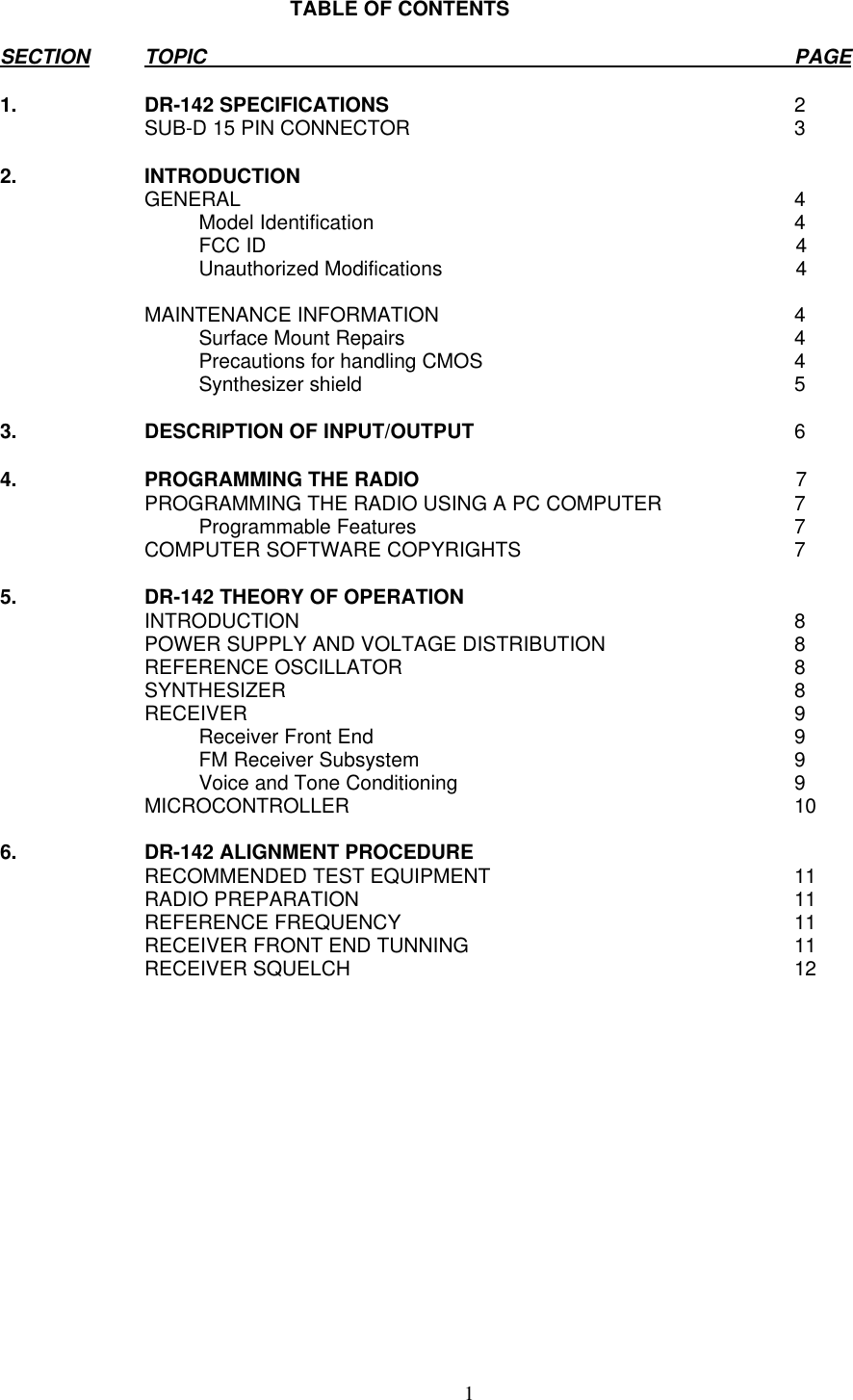 1 TABLE OF CONTENTSSECTION TOPIC                                                                                                      PAGE1. DR-142 SPECIFICATIONS 2SUB-D 15 PIN CONNECTOR 32. INTRODUCTIONGENERAL 4Model Identification 4FCC ID 4Unauthorized Modifications 4MAINTENANCE INFORMATION 4Surface Mount Repairs 4Precautions for handling CMOS 4Synthesizer shield 53. DESCRIPTION OF INPUT/OUTPUT 64. PROGRAMMING THE RADIO 7PROGRAMMING THE RADIO USING A PC COMPUTER 7Programmable Features 7COMPUTER SOFTWARE COPYRIGHTS 75. DR-142 THEORY OF OPERATIONINTRODUCTION 8POWER SUPPLY AND VOLTAGE DISTRIBUTION 8REFERENCE OSCILLATOR 8SYNTHESIZER  8RECEIVER 9Receiver Front End 9FM Receiver Subsystem 9Voice and Tone Conditioning 9MICROCONTROLLER 106. DR-142 ALIGNMENT PROCEDURERECOMMENDED TEST EQUIPMENT 11RADIO PREPARATION 11REFERENCE FREQUENCY 11RECEIVER FRONT END TUNNING 11RECEIVER SQUELCH 12