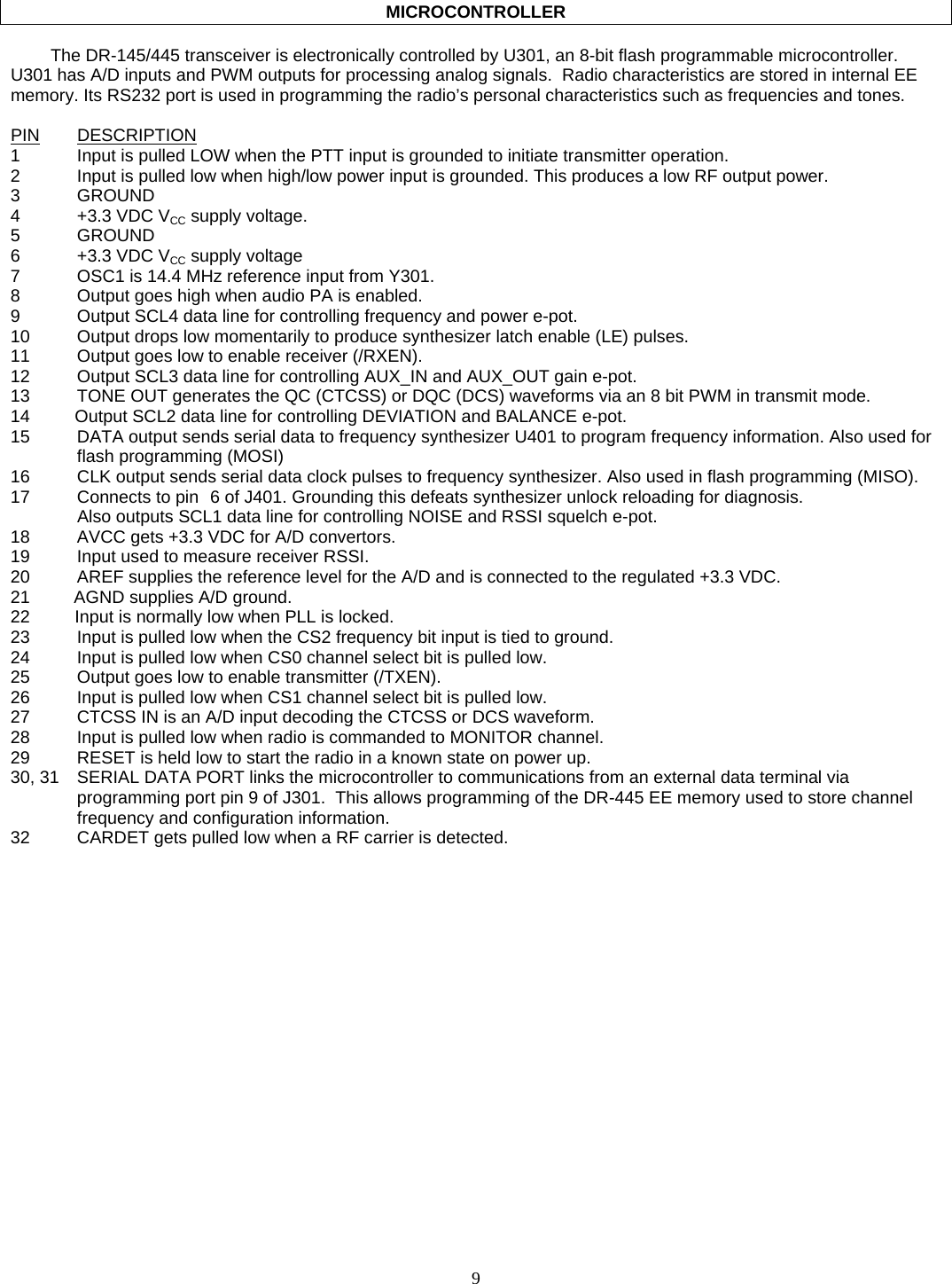    9    MICROCONTROLLER  The DR-145/445 transceiver is electronically controlled by U301, an 8-bit flash programmable microcontroller.  U301 has A/D inputs and PWM outputs for processing analog signals.  Radio characteristics are stored in internal EE memory. Its RS232 port is used in programming the radio’s personal characteristics such as frequencies and tones.  PIN DESCRIPTION 1  Input is pulled LOW when the PTT input is grounded to initiate transmitter operation. 2  Input is pulled low when high/low power input is grounded. This produces a low RF output power. 3 GROUND 4 +3.3 VDC VCC supply voltage. 5 GROUND 6 +3.3 VDC VCC supply voltage  7  OSC1 is 14.4 MHz reference input from Y301. 8  Output goes high when audio PA is enabled. 9  Output SCL4 data line for controlling frequency and power e-pot. 10  Output drops low momentarily to produce synthesizer latch enable (LE) pulses. 11  Output goes low to enable receiver (/RXEN). 12  Output SCL3 data line for controlling AUX_IN and AUX_OUT gain e-pot. 13  TONE OUT generates the QC (CTCSS) or DQC (DCS) waveforms via an 8 bit PWM in transmit mode. 14       Output SCL2 data line for controlling DEVIATION and BALANCE e-pot. 15  DATA output sends serial data to frequency synthesizer U401 to program frequency information. Also used for flash programming (MOSI) 16  CLK output sends serial data clock pulses to frequency synthesizer. Also used in flash programming (MISO). 17  Connects to pin  6 of J401. Grounding this defeats synthesizer unlock reloading for diagnosis.   Also outputs SCL1 data line for controlling NOISE and RSSI squelch e-pot. 18  AVCC gets +3.3 VDC for A/D convertors. 19  Input used to measure receiver RSSI. 20  AREF supplies the reference level for the A/D and is connected to the regulated +3.3 VDC. 21         AGND supplies A/D ground. 22       Input is normally low when PLL is locked. 23  Input is pulled low when the CS2 frequency bit input is tied to ground. 24  Input is pulled low when CS0 channel select bit is pulled low. 25  Output goes low to enable transmitter (/TXEN). 26  Input is pulled low when CS1 channel select bit is pulled low. 27  CTCSS IN is an A/D input decoding the CTCSS or DCS waveform. 28  Input is pulled low when radio is commanded to MONITOR channel. 29  RESET is held low to start the radio in a known state on power up. 30, 31  SERIAL DATA PORT links the microcontroller to communications from an external data terminal via programming port pin 9 of J301.  This allows programming of the DR-445 EE memory used to store channel frequency and configuration information. 32  CARDET gets pulled low when a RF carrier is detected. 