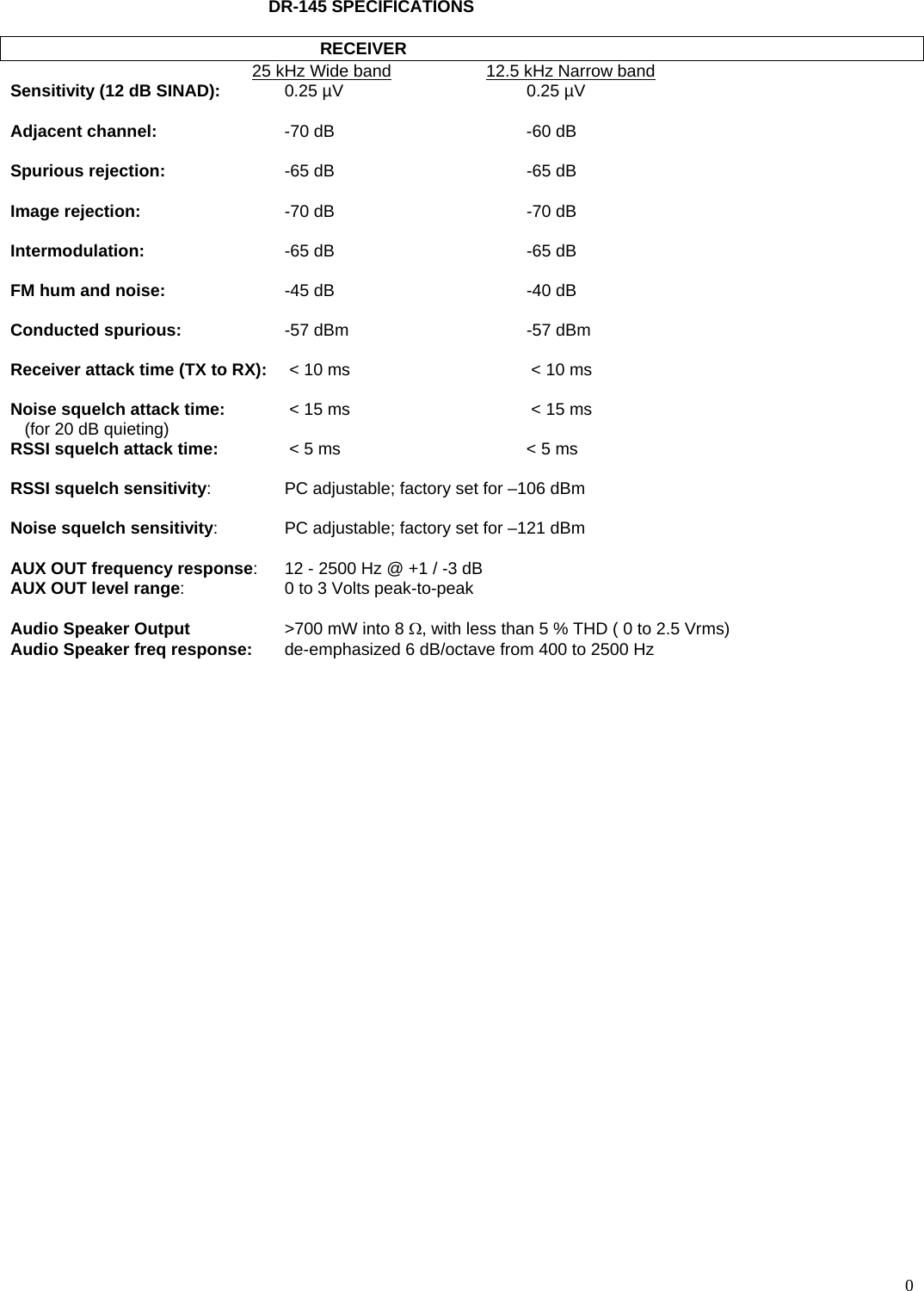  0DR-145 SPECIFICATIONS    RECEIVER   25 kHz Wide band     12.5 kHz Narrow band   Sensitivity (12 dB SINAD):  0.25 µV  0.25 µV   Adjacent channel:  -70 dB  -60 dB   Spurious rejection:  -65 dB  -65 dB  Image rejection:  -70 dB   -70 dB  Intermodulation:  -65 dB  -65 dB  FM hum and noise:  -45 dB  -40 dB  Conducted spurious:  -57 dBm  -57 dBm  Receiver attack time (TX to RX):   &lt; 10 ms   &lt; 10 ms  Noise squelch attack time:   &lt; 15 ms   &lt; 15 ms    (for 20 dB quieting) RSSI squelch attack time:   &lt; 5 ms  &lt; 5 ms  RSSI squelch sensitivity:  PC adjustable; factory set for –106 dBm  Noise squelch sensitivity:  PC adjustable; factory set for –121 dBm  AUX OUT frequency response:  12 - 2500 Hz @ +1 / -3 dB AUX OUT level range:  0 to 3 Volts peak-to-peak  Audio Speaker Output  &gt;700 mW into 8 Ω, with less than 5 % THD ( 0 to 2.5 Vrms) Audio Speaker freq response:  de-emphasized 6 dB/octave from 400 to 2500 Hz         