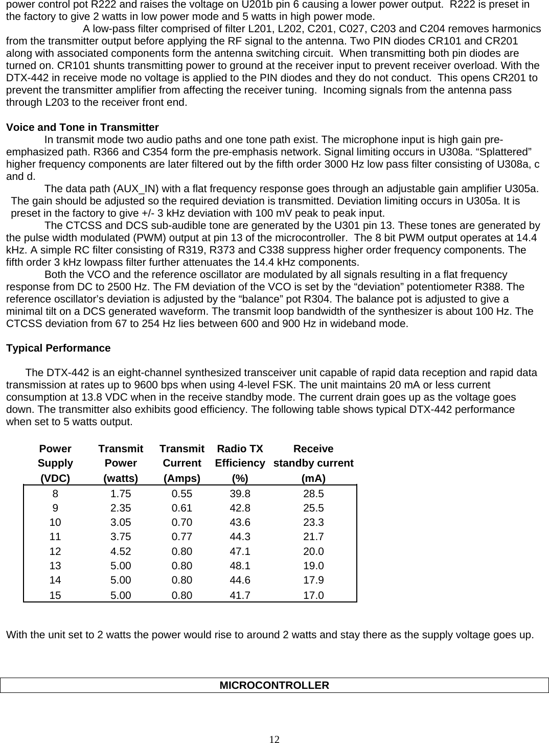   power control pot R222 and raises the voltage on U201b pin 6 causing a lower power output.  R222 is preset in the factory to give 2 watts in low power mode and 5 watts in high power mode.   A low-pass filter comprised of filter L201, L202, C201, C027, C203 and C204 removes harmonics from the transmitter output before applying the RF signal to the antenna. Two PIN diodes CR101 and CR201 along with associated components form the antenna switching circuit.  When transmitting both pin diodes are turned on. CR101 shunts transmitting power to ground at the receiver input to prevent receiver overload. With the DTX-442 in receive mode no voltage is applied to the PIN diodes and they do not conduct.  This opens CR201 to prevent the transmitter amplifier from affecting the receiver tuning.  Incoming signals from the antenna pass through L203 to the receiver front end.  Voice and Tone in Transmitter In transmit mode two audio paths and one tone path exist. The microphone input is high gain pre-emphasized path. R366 and C354 form the pre-emphasis network. Signal limiting occurs in U308a. “Splattered” higher frequency components are later filtered out by the fifth order 3000 Hz low pass filter consisting of U308a, c and d.   The data path (AUX_IN) with a flat frequency response goes through an adjustable gain amplifier U305a. The gain should be adjusted so the required deviation is transmitted. Deviation limiting occurs in U305a. It is preset in the factory to give +/- 3 kHz deviation with 100 mV peak to peak input. The CTCSS and DCS sub-audible tone are generated by the U301 pin 13. These tones are generated by the pulse width modulated (PWM) output at pin 13 of the microcontroller.  The 8 bit PWM output operates at 14.4 kHz. A simple RC filter consisting of R319, R373 and C338 suppress higher order frequency components. The fifth order 3 kHz lowpass filter further attenuates the 14.4 kHz components. Both the VCO and the reference oscillator are modulated by all signals resulting in a flat frequency response from DC to 2500 Hz. The FM deviation of the VCO is set by the “deviation” potentiometer R388. The reference oscillator’s deviation is adjusted by the “balance” pot R304. The balance pot is adjusted to give a minimal tilt on a DCS generated waveform. The transmit loop bandwidth of the synthesizer is about 100 Hz. The CTCSS deviation from 67 to 254 Hz lies between 600 and 900 Hz in wideband mode.  Typical Performance  The DTX-442 is an eight-channel synthesized transceiver unit capable of rapid data reception and rapid data transmission at rates up to 9600 bps when using 4-level FSK. The unit maintains 20 mA or less current consumption at 13.8 VDC when in the receive standby mode. The current drain goes up as the voltage goes down. The transmitter also exhibits good efficiency. The following table shows typical DTX-442 performance when set to 5 watts output.   Power  Transmit Transmit Radio TX  Receive    Supply Power Current Efficiency standby current   (VDC) (watts) (Amps) (%)  (mA)   8  1.75 0.55 39.8  28.5   9  2.35 0.61 42.8  25.5   10  3.05 0.70 43.6  23.3   11  3.75 0.77 44.3  21.7   12  4.52 0.80 47.1  20.0   13  5.00 0.80 48.1  19.0   14  5.00 0.80 44.6  17.9   15  5.00 0.80 41.7  17.0               With the unit set to 2 watts the power would rise to around 2 watts and stay there as the supply voltage goes up.    MICROCONTROLLER   12   