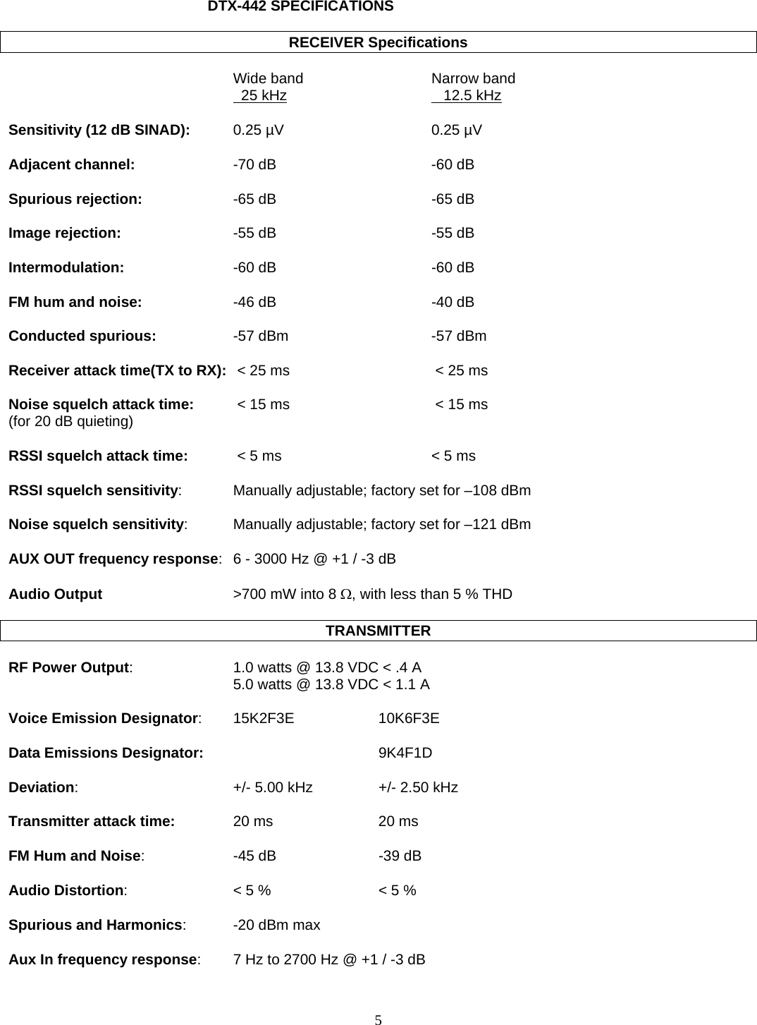   DTX-442 SPECIFICATIONS  RECEIVER Specifications    Wide band  Narrow band    25 kHz         12.5 kHz    Sensitivity (12 dB SINAD):  0.25 µV  0.25 µV   Adjacent channel:  -70 dB  -60 dB   Spurious rejection:  -65 dB  -65 dB  Image rejection:  -55 dB  -55 dB  Intermodulation:  -60 dB  -60 dB  FM hum and noise:  -46 dB  -40 dB  Conducted spurious:  -57 dBm  -57 dBm  Receiver attack time(TX to RX):   &lt; 25 ms   &lt; 25 ms  Noise squelch attack time:   &lt; 15 ms   &lt; 15 ms (for 20 dB quieting)  RSSI squelch attack time:   &lt; 5 ms  &lt; 5 ms  RSSI squelch sensitivity:  Manually adjustable; factory set for –108 dBm  Noise squelch sensitivity:  Manually adjustable; factory set for –121 dBm  AUX OUT frequency response:  6 - 3000 Hz @ +1 / -3 dB  Audio Output  &gt;700 mW into 8 Ω, with less than 5 % THD  TRANSMITTER  RF Power Output:  1.0 watts @ 13.8 VDC &lt; .4 A   5.0 watts @ 13.8 VDC &lt; 1.1 A   Voice Emission Designator: 15K2F3E  10K6F3E  Data Emissions Designator:   9K4F1D  Deviation:  +/- 5.00 kHz  +/- 2.50 kHz  Transmitter attack time:  20 ms  20 ms  FM Hum and Noise:  -45 dB  -39 dB  Audio Distortion:  &lt; 5 %  &lt; 5 %  Spurious and Harmonics:  -20 dBm max  Aux In frequency response:  7 Hz to 2700 Hz @ +1 / -3 dB  5   