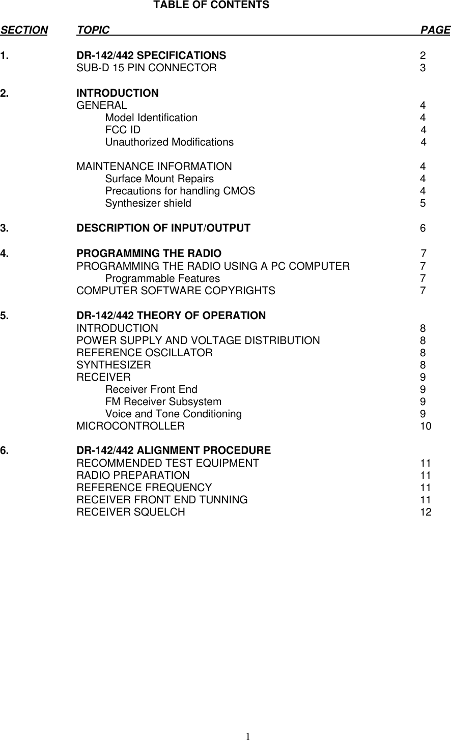 1 TABLE OF CONTENTSSECTION TOPIC                                                                                                      PAGE1. DR-142/442 SPECIFICATIONS 2SUB-D 15 PIN CONNECTOR 32. INTRODUCTIONGENERAL 4Model Identification 4FCC ID 4Unauthorized Modifications 4MAINTENANCE INFORMATION 4Surface Mount Repairs 4Precautions for handling CMOS 4Synthesizer shield 53. DESCRIPTION OF INPUT/OUTPUT 64. PROGRAMMING THE RADIO 7PROGRAMMING THE RADIO USING A PC COMPUTER 7Programmable Features 7COMPUTER SOFTWARE COPYRIGHTS 75. DR-142/442 THEORY OF OPERATIONINTRODUCTION 8POWER SUPPLY AND VOLTAGE DISTRIBUTION 8REFERENCE OSCILLATOR 8SYNTHESIZER  8RECEIVER 9Receiver Front End 9FM Receiver Subsystem 9Voice and Tone Conditioning 9MICROCONTROLLER 106. DR-142/442 ALIGNMENT PROCEDURERECOMMENDED TEST EQUIPMENT 11RADIO PREPARATION 11REFERENCE FREQUENCY 11RECEIVER FRONT END TUNNING 11RECEIVER SQUELCH 12