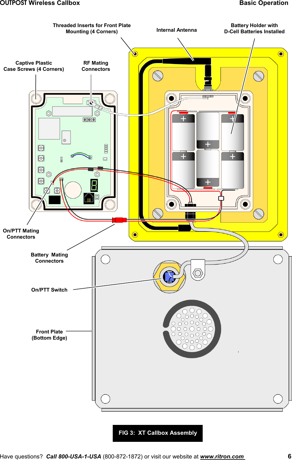 OUTPOST Wireless Callbox Basic OperationHave questions?  Call 800-USA-1-USA (800-872-1872) or visit our website at www.ritron.com  6Captive PlasticCase Screws (4 Corners)RF MatingConnectorsOn/PTT MatingConnectorsBattery  MatingConnectorsOn/PTT SwitchFront Plate(Bottom Edge)Threaded Inserts for Front PlateMounting (4 Corners) Internal Antenna Battery Holder withD-Cell Batteries InstalledFIG 3:  XT Callbox Assembly