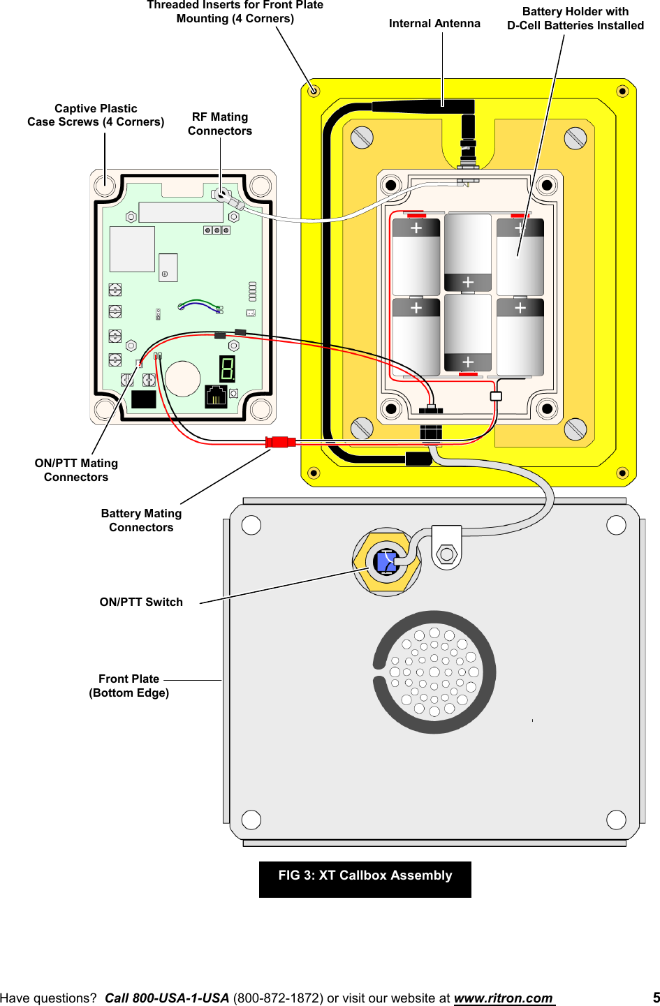 Have questions?  Call 800-USA-1-USA (800-872-1872) or visit our website at www.ritron.com  5Battery Holder withD-Cell Batteries InstalledInternal AntennaRF MatingConnectorsON/PTT MatingConnectorsBattery MatingConnectorsON/PTT SwitchThreaded Inserts for Front PlateMounting (4 Corners)Front Plate(Bottom Edge)Captive PlasticCase Screws (4 Corners)FIG 3: XT Callbox Assembly