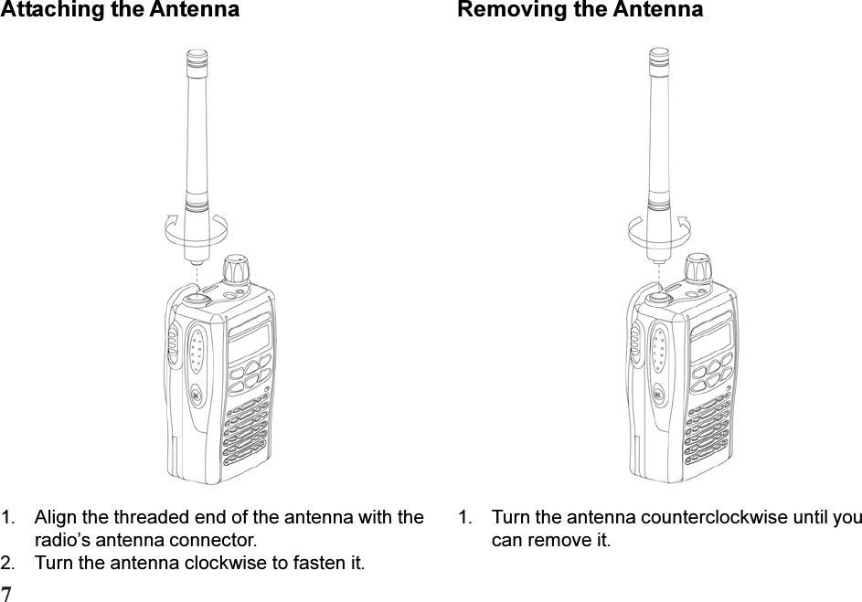 1. Align the threaded end of the antenna with theradios antenna connector.2. Turn the antenna clockwise to fasten it.Attaching the Antenna Removing the Antenna1. Turn the antenna counterclockwise until youcan remove it.7