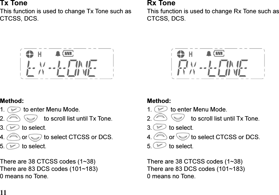 Tx ToneThis function is used to change Tx Tone such asCTCSS, DCS.Rx ToneThis function is used to change Rx Tone such asCTCSS, DCS.Method:1.  to enter Menu Mode.2. to scroll list until Tx Tone.3. to select.4. or to select CTCSS or DCS.5. to select.There are 38 CTCSS codes (1~38)There are 83 DCS codes (101~183)0 means no Tone.Method:1.  to enter Menu Mode.2. to scroll list until Tx Tone.3. to select.4. or to select CTCSS or DCS.5. to select.There are 38 CTCSS codes (1~38)There are 83 DCS codes (101~183)0 means no Tone.11