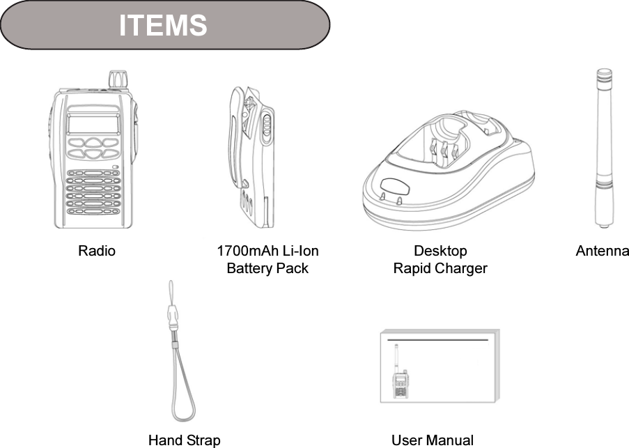 Radio 1700mAh Li-IonBattery PackDesktopRapid ChargerAntennaHand Strap User ManualITEMS