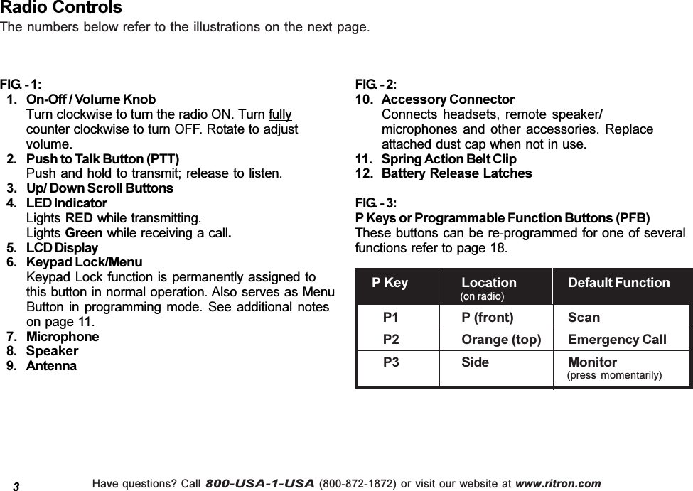 Have questions? Call 800-USA-1-USA (800-872-1872) or visit our website at www.ritron.comRadio ControlsFIG. - 2:10. Accessory ConnectorConnects  headsets,  remote  speaker/microphones  and  other  accessories.  Replaceattached dust cap when not in use.11. Spring Action Belt Clip12. Battery Release LatchesFIG. - 3:P Keys or Programmable Function Buttons (PFB)These buttons can be re-programmed for one of severalfunctions refer to page 18.FIG. - 1:  1. On-Off / Volume KnobTurn clockwise to turn the radio ON. Turn fullycounter clockwise to turn OFF. Rotate to adjustvolume.  2. Push to Talk Button (PTT)Push and hold to transmit; release to listen.  3. Up/ Down Scroll Buttons  4. LED IndicatorLights RED while transmitting.Lights Green while receiving a call.  5. LCD Display  6. Keypad Lock/MenuKeypad Lock function is  permanently assigned tothis button in normal operation. Also serves as MenuButton  in  programming  mode.  See  additional  noteson page 11.  7. Microphone  8. Speaker  9. Antenna3The numbers below refer to the illustrations on the next page.(press  momentarily)(on radio)     P Key Location Default Function        P1 P (front) Scan        P2 Orange (top) Emergency Call        P3 Side Monitor