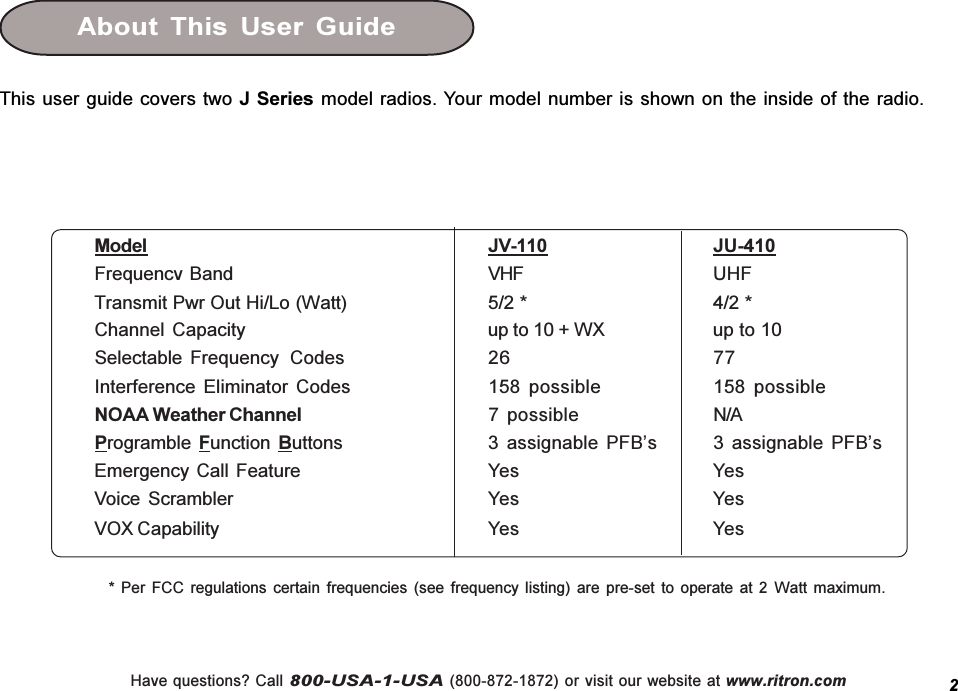 Have questions? Call 800-USA-1-USA (800-872-1872) or visit our website at www.ritron.comAbout  This  User  GuideThis user guide covers two J Series model radios. Your model number is shown on the inside of the radio.2Model JV-110 JU-410Frequencv Band VHF UHFTransmit Pwr Out Hi/Lo (Watt) 5/2 * 4/2 *Channel  Capacity up to 10 + WX up to 10Selectable  Frequency   Codes 26 77Interference  Eliminator  Codes 158  possible 158  possibleNOAA Weather Channel 7  possible N/AProgramble  Function  Buttons 3  assignable  PFBs 3  assignable  PFBsEmergency Call Feature Yes YesVoice  Scrambler Yes YesVOX Capability Yes Yes*  Per  FCC  regulations  certain  frequencies  (see  frequency  listing)  are  pre-set  to  operate  at  2  Watt  maximum.