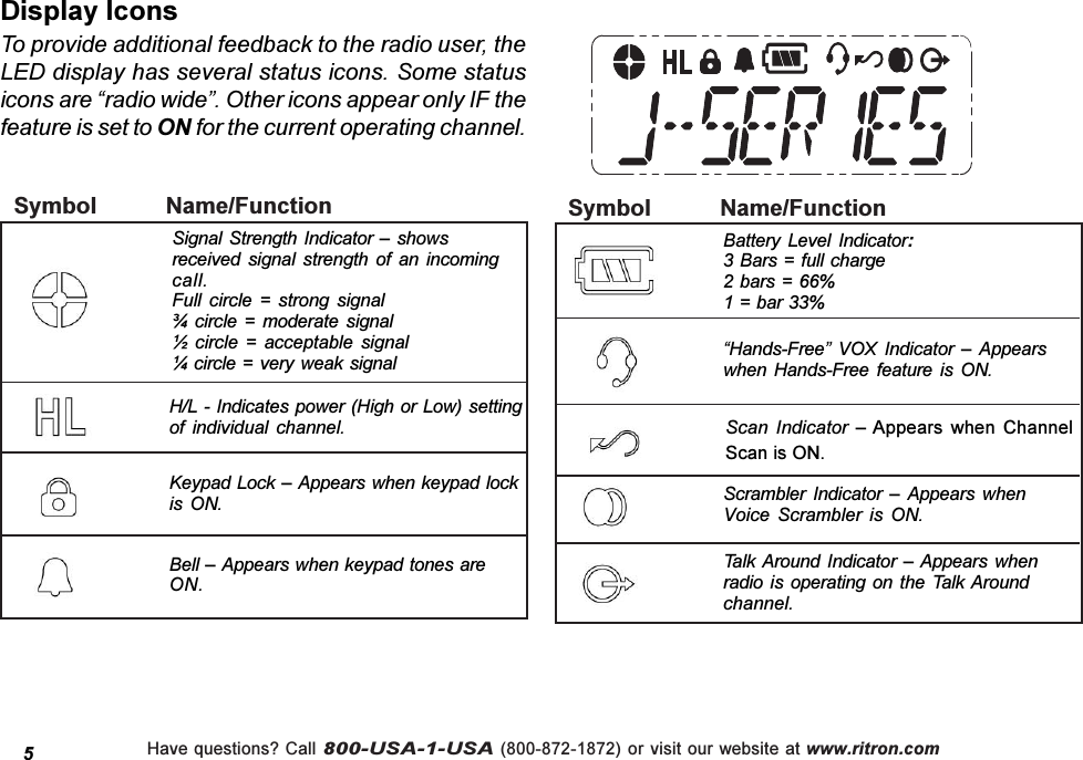 Have questions? Call 800-USA-1-USA (800-872-1872) or visit our website at www.ritron.comScan  Indicator   Appears  when  ChannelScan is ON.Display IconsTo provide additional feedback to the radio user, theLED display has several status icons. Some statusicons are radio wide. Other icons appear only IF thefeature is set to ON for the current operating channel.  Symbol Name/FunctionSignal Strength Indicator   showsreceived  signal  strength  of  an  incomingcall.Full  circle  =  strong  signal¾  circle  =  moderate  signal½  circle  =  acceptable  signal¼ circle  = very weak signalH/L - Indicates  power (High or Low) settingof  individual  channel.Keypad Lock  Appears when keypad lockis  ON.Bell  Appears when keypad tones areON.Battery  Level  Indicator:3 Bars = full charge2 bars  = 66%1 = bar 33%Hands-Free  VOX  Indicator    Appearswhen  Hands-Free  feature  is  ON.  Symbol Name/FunctionScrambler  Indicator    Appears  whenVoice  Scrambler  is  ON.Talk Around  Indicator   Appears  whenradio is operating  on  the Talk Aroundchannel.5