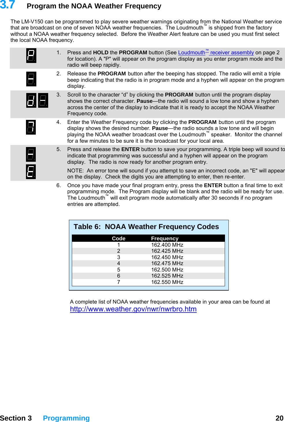   Section 3 Programming  20  3.7  Program the NOAA Weather Frequency The LM-V150 can be programmed to play severe weather warnings originating from the National Weather service that are broadcast on one of seven NOAA weather frequencies.  The Loudmouth™ is shipped from the factory without a NOAA weather frequency selected.  Before the Weather Alert feature can be used you must first select the local NOAA frequency.   1. Press and HOLD the PROGRAM button (See Loudmouth™ receiver assembly on page 2 for location). A &quot;P&quot; will appear on the program display as you enter program mode and the radio will beep rapidly. 2. Release the PROGRAM button after the beeping has stopped. The radio will emit a triple beep indicating that the radio is in program mode and a hyphen will appear on the program display. 3.  Scroll to the character “d” by clicking the PROGRAM button until the program display shows the correct character. Pause—the radio will sound a low tone and show a hyphen across the center of the display to indicate that it is ready to accept the NOAA Weather Frequency code.   4.  Enter the Weather Frequency code by clicking the PROGRAM button until the program display shows the desired number. Pause—the radio sounds a low tone and will begin playing the NOAA weather broadcast over the Loudmouth™ speaker.  Monitor the channel for a few minutes to be sure it is the broadcast for your local area. 5.  Press and release the ENTER button to save your programming. A triple beep will sound to indicate that programming was successful and a hyphen will appear on the program display.  The radio is now ready for another program entry.   NOTE:  An error tone will sound if you attempt to save an incorrect code, an &quot;E&quot; will appear on the display.  Check the digits you are attempting to enter, then re-enter.   6.  Once you have made your final program entry, press the ENTER button a final time to exit programming mode.  The Program display will be blank and the radio will be ready for use.  The Loudmouth™ will exit program mode automatically after 30 seconds if no program entries are attempted.    Table 6:  NOAA Weather Frequency Codes   Code Frequency  1 162.400 MHz  2 162.425 MHz  3 162.450 MHz  4 162.475 MHz  5 162.500 MHz  6 162.525 MHz  7 162.550 MHz   A complete list of NOAA weather frequencies available in your area can be found at http://www.weather.gov/nwr/nwrbro.htm  