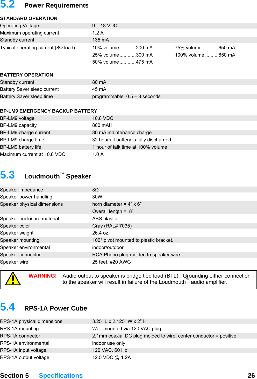   Section 5 Specifications  26  quirements 5.2  Power ReSTANDARD OPERATION Operating Voltag 9 – 18 VDe   C Maximum operating current  1.2 A Standby current  135 mA Typical operating current (8Ω load)  10% volume............200 mA  75% volume ........... 650 mA 25% volume............300 mA  100% volume ......... 850 mA ume............475 mA   50% vol BATTERY OPERATION Standby current  80 mA Battery Saver sleep current  45 mA Battery Saver sleep time  programmable, 0.5 – 8 seconds BACKUP BATTE BP-LM9 EMERGE RY NCY BP-LM9 voltage  10.8 VDC BP-LM9 capacity  800 mAH BP-LM9 charge curr 30 mA maintenance charge ent P-LM9 charge time  32 hours if batterB y is fully discharged BP-LM9 battery life  1 hour of talk time at 100% volume  h™ Speaker Maximum current at 10.8 VDC  1.0 A  5.3  LoudmoutS 8Ω peaker impedance Speaker power handling  30W Speaker physic horn diameter = 4” xal dimensions   6”    Overall length =  8” material Speaker enclosure  ABS plastic Speaker color  Gray (RAL# 7035) Speaker weight  26.4 oz. Speaker moun 100° pivot mountedting   to plastic bracket. peaker environmental  indoor/outdoor Snector  RCA Phono plug molded to speaker wire 25 feet, #20 AWG Speaker conSpeaker wire  A Power Cube  WARNING!  Audio output to speaker is bridge tied load (BTL).  Grounding either connection r will result in failure of the Loudmouth™ audio amplifier. to the speake  5.4  RPS-1RPS-1A physical dimen 3.25” L x 2.125” Wsions   x 2” H 20 VAC plug. RPS-1A mounting  Wall-mounted via 1RPS-1A connector  2.1mm coaRPS-1A environmental  indxial DC plug molded to wire, center conductor = positive oor use only RPS-1A input voltage  120 VAC, 60 Hz RPS-1A output voltage  12.5 VDC @ 1.2A 