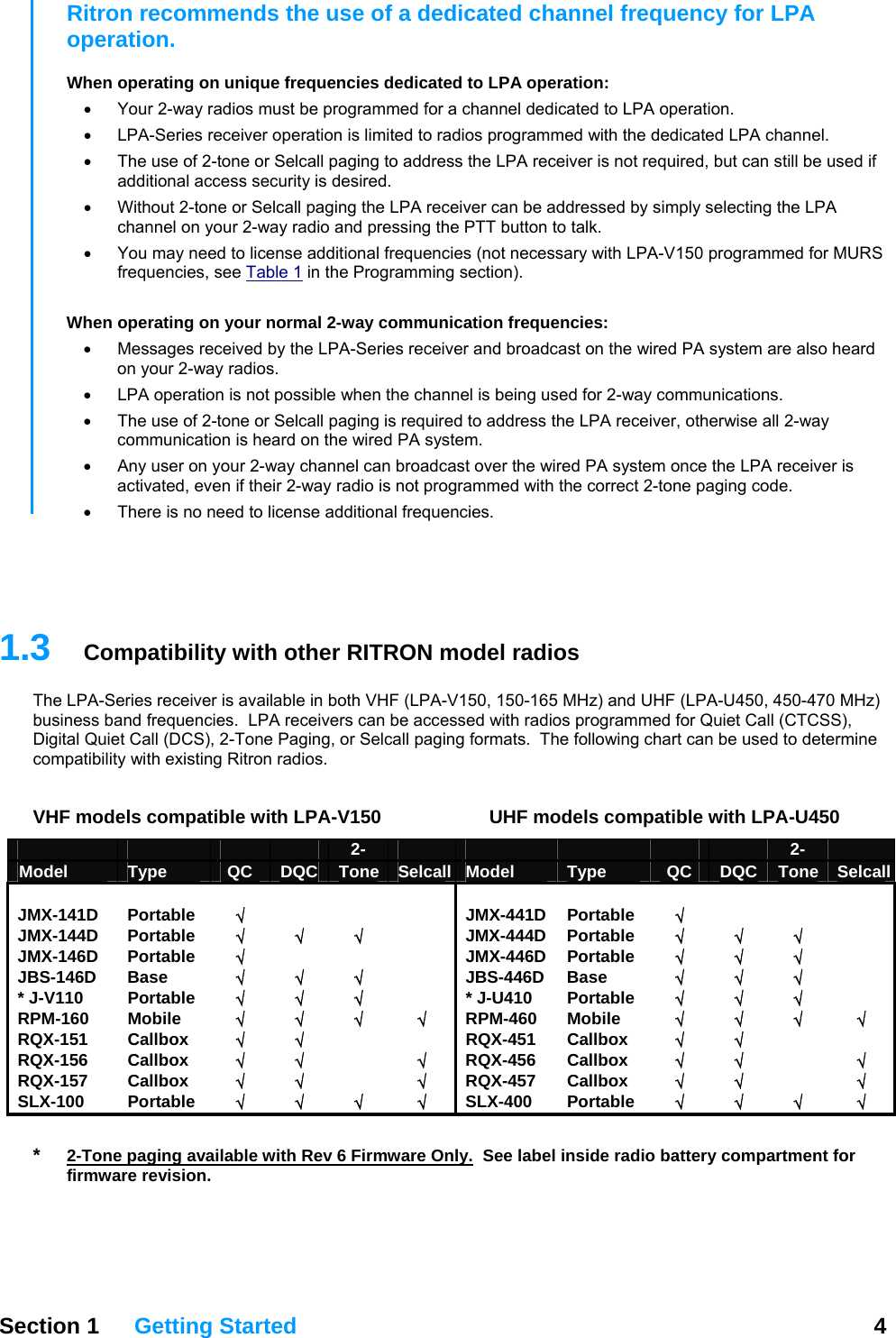 Ritron recommends the use of a dedicated channel frequency for LPA operation.  When operating on unique frequencies dedicated to LPA operation:  •  Your 2-way radios must be programmed for a channel dedicated to LPA operation. •  LPA-Series receiver operation is limited to radios programmed with the dedicated LPA channel. •  The use of 2-tone or Selcall paging to address the LPA receiver is not required, but can still be used if additional access security is desired.   •  Without 2-tone or Selcall paging the LPA receiver can be addressed by simply selecting the LPA channel on your 2-way radio and pressing the PTT button to talk. •  You may need to license additional frequencies (not necessary with LPA-V150 programmed for MURS frequencies, see Table 1 in the Programming section).  When operating on your normal 2-way communication frequencies:  •  Messages received by the LPA-Series receiver and broadcast on the wired PA system are also heard on your 2-way radios. •  LPA operation is not possible when the channel is being used for 2-way communications. •  The use of 2-tone or Selcall paging is required to address the LPA receiver, otherwise all 2-way communication is heard on the wired PA system. •  Any user on your 2-way channel can broadcast over the wired PA system once the LPA receiver is activated, even if their 2-way radio is not programmed with the correct 2-tone paging code. •  There is no need to license additional frequencies.   Section 1 Getting Started  4    1.3  Compatibility with other RITRON model radios The LPA-Series receiver is available in both VHF (LPA-V150, 150-165 MHz) and UHF (LPA-U450, 450-470 MHz) business band frequencies.  LPA receivers can be accessed with radios programmed for Quiet Call (CTCSS), Digital Quiet Call (DCS), 2-Tone Paging, or Selcall paging formats.  The following chart can be used to determine compatibility with existing Ritron radios.  VHF models compatible with LPA-V150   UHF models compatible with LPA-U450         2-          2-    Model  Type  QC  DQC  Tone Selcall Model  Type  QC  DQC  Tone Selcall                 JMX-141D Portable  √     JMX-441D Portable √     JMX-144D Portable  √ √ √  JMX-444D Portable √ √ √  JMX-146D Portable  √     JMX-446D Portable √ √ √  JBS-146D Base  √ √ √  JBS-446D Base  √ √ √  * J-V110  Portable  √ √ √  * J-U410 Portable √ √ √  RPM-160 Mobile  √ √ √ √ RPM-460 Mobile  √ √ √ √ RQX-151 Callbox  √ √   RQX-451 Callbox √ √   RQX-156 Callbox  √ √  √ RQX-456 Callbox  √ √  √ RQX-157 Callbox  √ √  √ RQX-457 Callbox  √ √  √ SLX-100 Portable √ √ √ √ SLX-400 Portable  √ √ √ √ *   2-Tone paging available with Rev 6 Firmware Only.  See label inside radio battery compartment for firmware revision.  