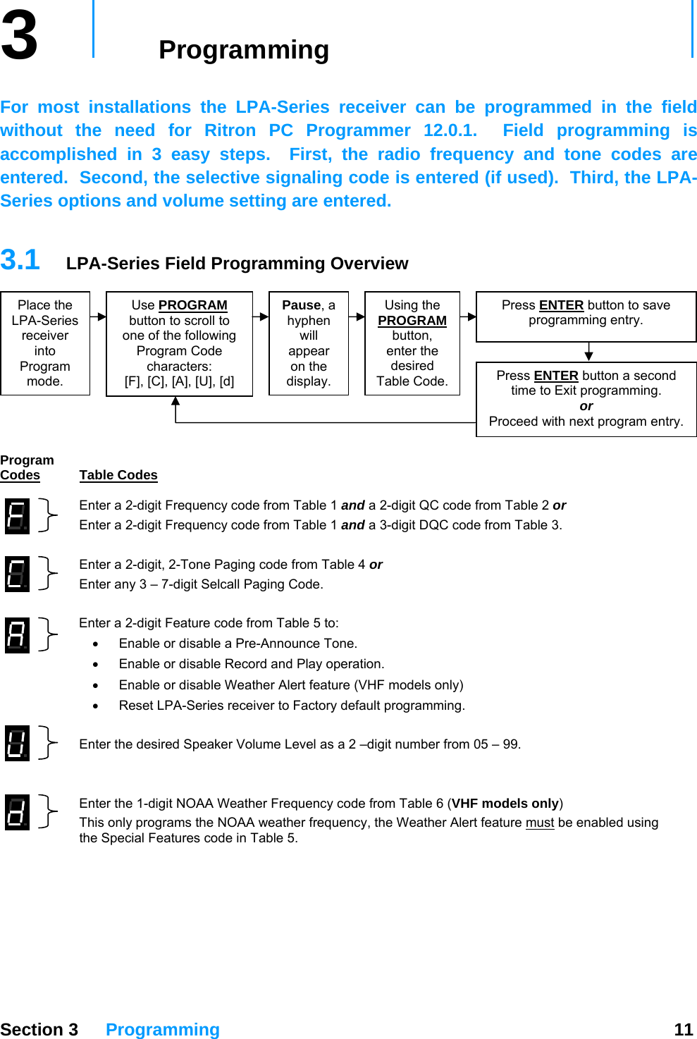 3   Programming     For most installations the LPA-Series receiver can be programmed in the field without the need for Ritron PC Programmer 12.0.1.  Field programming is accomplished in 3 easy steps.  First, the radio frequency and tone codes are entered.  Second, the selective signaling code is entered (if used).  Third, the LPA-Series options and volume setting are entered.  3.1  LPA-Series Field Programming Overview Press ENTER Section 3 Programming  11    Program odesC Table Codes  Enter a 2-digit Frequency code from Table 1 and a 2-digit QC code from Table 2 or nter a 2-digit Frequency code from Table 1 and a 3-digit DQC code from Table 3. E or Enter a 2-digit, 2-Tone Paging code from Table 4 Enter any 3 –  digit Selcall Paging Code. 7- E r nte a 2-digit Feature code from Table 5 to: •  Enable or disable a Pre-Announce Tone.  •  Enable or disable Record and Play operation. •  Enable or disable Weather Alert feature (VHF models only) •  Reset LPA-Series receiver to Factory default programming.  Enter the desired Speaker Volume Level as a 2 –digit number from 05 – 99.   Enter the 1-digit NOAA Weather Frequency code from Table 6 (VHF models only)   This only programs the NOAA weather frequency, the Weather Alert feature must be enabled using the Special Features code in Table 5.     Place the LPA-Series receiver into Program mode. Use PROGRAM button to scroll to one of the following Program Code characters: [F], [C], [A], [U], [d] Pause, a hyphen will appear on the display. Using the PROGRAM  button to save programming entry.  button, enter the desired Table Code.  Press ENTER button a second time to Exit programming. or Proceed with next program entry. 