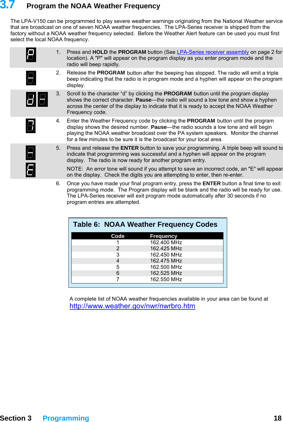 3.7  Program the NOAA Weather Frequency The LPA-V150 can be programmed to play severe weather warnings originating from the National Weather service that are broadcast on one of seven NOAA weather frequencies.  The LPA-Series receiver is shipped from the factory without a NOAA weather frequency selected.  Before the Weather Alert feature can be used you must first select the local NOAA frequency.   1. Press and HOLD the PROGRAM button (See LPA-Series receiver assembly on page 2 for location). A &quot;P&quot; will appear on the program display as you enter program mode and the radio will beep rapidly. 2. Release the PROGRAM button after the beeping has stopped. The radio will emit a triple beep indicating that the radio is in program mode and a hyphen will appear on the program display. 3.  Scroll to the character “d” by clicking the PROGRAM button until the program display shows the correct character. Pause—the radio will sound a low tone and show a hyphen across the center of the display to indicate that it is ready to accept the NOAA Weather Frequency code.   4.  Enter the Weather Frequency code by clicking the PROGRAM button until the program display shows the desired number. Pause—the radio sounds a low tone and will begin playing the NOAA weather broadcast over the PA system speakers.  Monitor the channel for a few minutes to be sure it is the broadcast for your local area. 5.  Press and release the ENTER button to save your programming. A triple beep will sound to indicate that programming was successful and a hyphen will appear on the program display.  The radio is now ready for another program entry.   NOTE:  An error tone will sound if you attempt to save an incorrect code, an &quot;E&quot; will appear on the display.  Check the digits you are attempting to enter, then re-enter.   6.  Once you have made your final program entry, press the ENTER button a final time to exit programming mode.  The Program display will be blank and the radio will be ready for use.  The LPA-Series receiver will exit program mode automatically after 30 seconds if no program entries are attempted.    Table 6:  NOAA Weather Frequency Codes   Code Frequency  1 162.400 MHz  2 162.425 MHz  3 162.450 MHz  4 162.475 MHz  5 162.500 MHz  6 162.525 MHz  7 162.550 MHz   A complete list of NOAA weather frequencies available in your area can be found at http://www.weather.gov/nwr/nwrbro.htm   Section 3 Programming  18  
