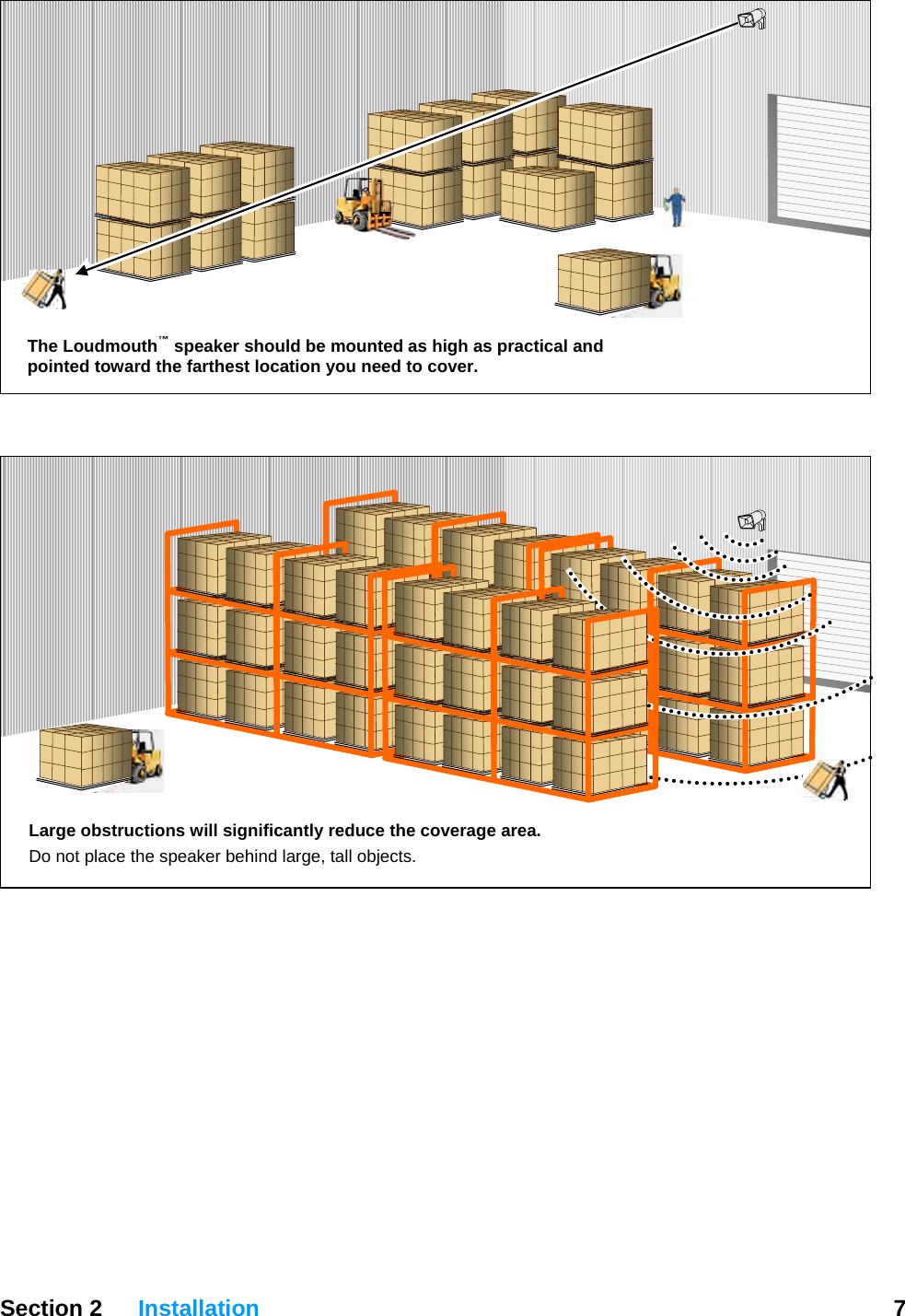   Section 2 Installation  7    The Loudmouth™ speaker should be mounted as high as practical and pointed toward the farthest location you need to cover.   Large obstructions will significantly reduce the coverage area.Do not place the speaker behind large, tall objects.    