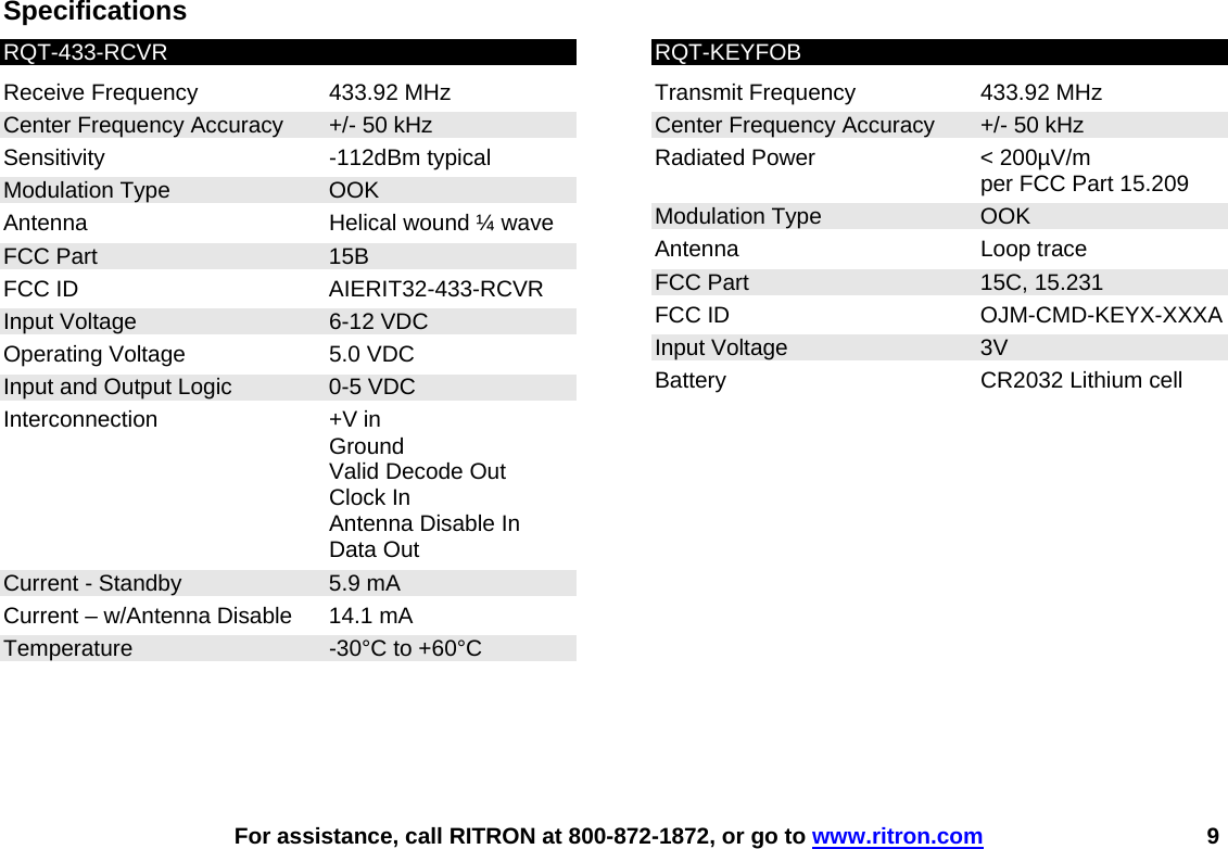    For assistance, call RITRON at 800-872-1872, or go to www.ritron.com 9 Specifications RQT-433-RCVR Receive Frequency  433.92 MHz Center Frequency Accuracy  +/- 50 kHz Sensitivity -112dBm typical Modulation Type  OOK  Antenna   Helical wound ¼ wave FCC Part  15B FCC ID  AIERIT32-433-RCVR Input Voltage   6-12 VDC Operating Voltage  5.0 VDC Input and Output Logic  0-5 VDC Interconnection +V in  Ground   Valid Decode Out  Clock In   Antenna Disable In  Data Out Current - Standby  5.9 mA Current – w/Antenna Disable  14.1 mA Temperature  -30°C to +60°C  RQT-KEYFOB Transmit Frequency  433.92 MHz Center Frequency Accuracy  +/- 50 kHz Radiated Power  &lt; 200µV/m   per FCC Part 15.209 Modulation Type  OOK  Antenna Loop trace FCC Part  15C, 15.231 FCC ID  OJM-CMD-KEYX-XXXA Input Voltage  3V Battery  CR2032 Lithium cell   