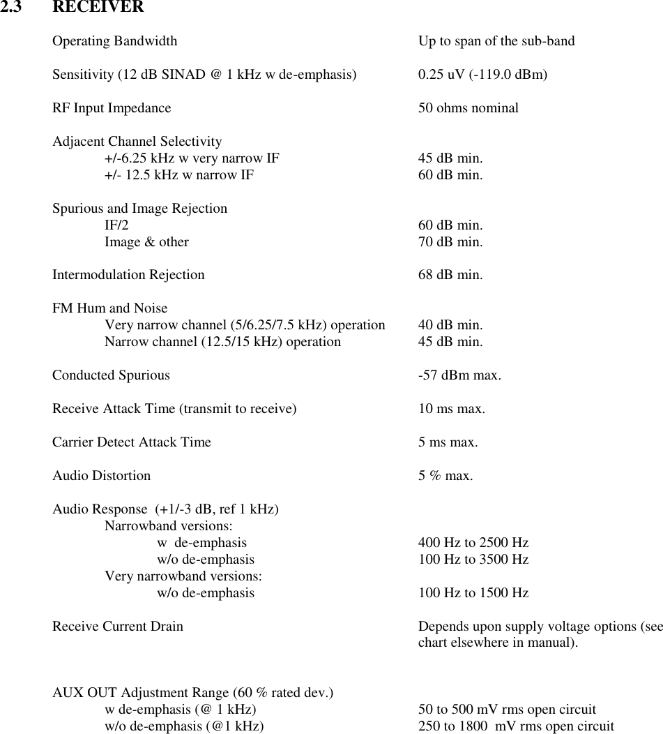  2.3  RECEIVER  Operating Bandwidth          Up to span of the sub-band  Sensitivity (12 dB SINAD @ 1 kHz w de-emphasis)    0.25 uV (-119.0 dBm)  RF Input Impedance          50 ohms nominal  Adjacent Channel Selectivity  +/-6.25 kHz w very narrow IF      45 dB min.     +/- 12.5 kHz w narrow IF        60 dB min.      Spurious and Image Rejection   IF/2            60 dB min.   Image &amp; other          70 dB min.          Intermodulation Rejection         68 dB min.  FM Hum and Noise      Very narrow channel (5/6.25/7.5 kHz) operation  40 dB min. Narrow channel (12.5/15 kHz) operation    45 dB min.      Conducted Spurious          -57 dBm max.  Receive Attack Time (transmit to receive)      10 ms max.  Carrier Detect Attack Time        5 ms max.  Audio Distortion            5 % max.  Audio Response  (+1/-3 dB, ref 1 kHz)   Narrowband versions:       w  de-emphasis         400 Hz to 2500 Hz       w/o de-emphasis        100 Hz to 3500 Hz     Very narrowband versions:       w/o de-emphasis        100 Hz to 1500 Hz  Receive Current Drain  Depends upon supply voltage options (see chart elsewhere in manual).   AUX OUT Adjustment Range (60 % rated dev.)   w de-emphasis (@ 1 kHz)       50 to 500 mV rms open circuit   w/o de-emphasis (@1 kHz)      250 to 1800  mV rms open circuit        