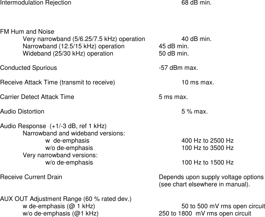Intermodulation Rejection          68 dB min.    FM Hum and Noise      Very narrowband (5/6.25/7.5 kHz) operation    40 dB min. Narrowband (12.5/15 kHz) operation    45 dB min. Wideband (25/30 kHz) operation    50 dB min.      Conducted Spurious          -57 dBm max.  Receive Attack Time (transmit to receive)      10 ms max.  Carrier Detect Attack Time        5 ms max.  Audio Distortion             5 % max.  Audio Response  (+1/-3 dB, ref 1 kHz)   Narrowband and wideband versions:       w  de-emphasis         400 Hz to 2500 Hz       w/o de-emphasis        100 Hz to 3500 Hz     Very narrowband versions:       w/o de-emphasis        100 Hz to 1500 Hz  Receive Current Drain  Depends upon supply voltage options (see chart elsewhere in manual).  AUX OUT Adjustment Range (60 % rated dev.)   w de-emphasis (@ 1 kHz)        50 to 500 mV rms open circuit   w/o de-emphasis (@1 kHz)      250 to 1800  mV rms open circuit                                    