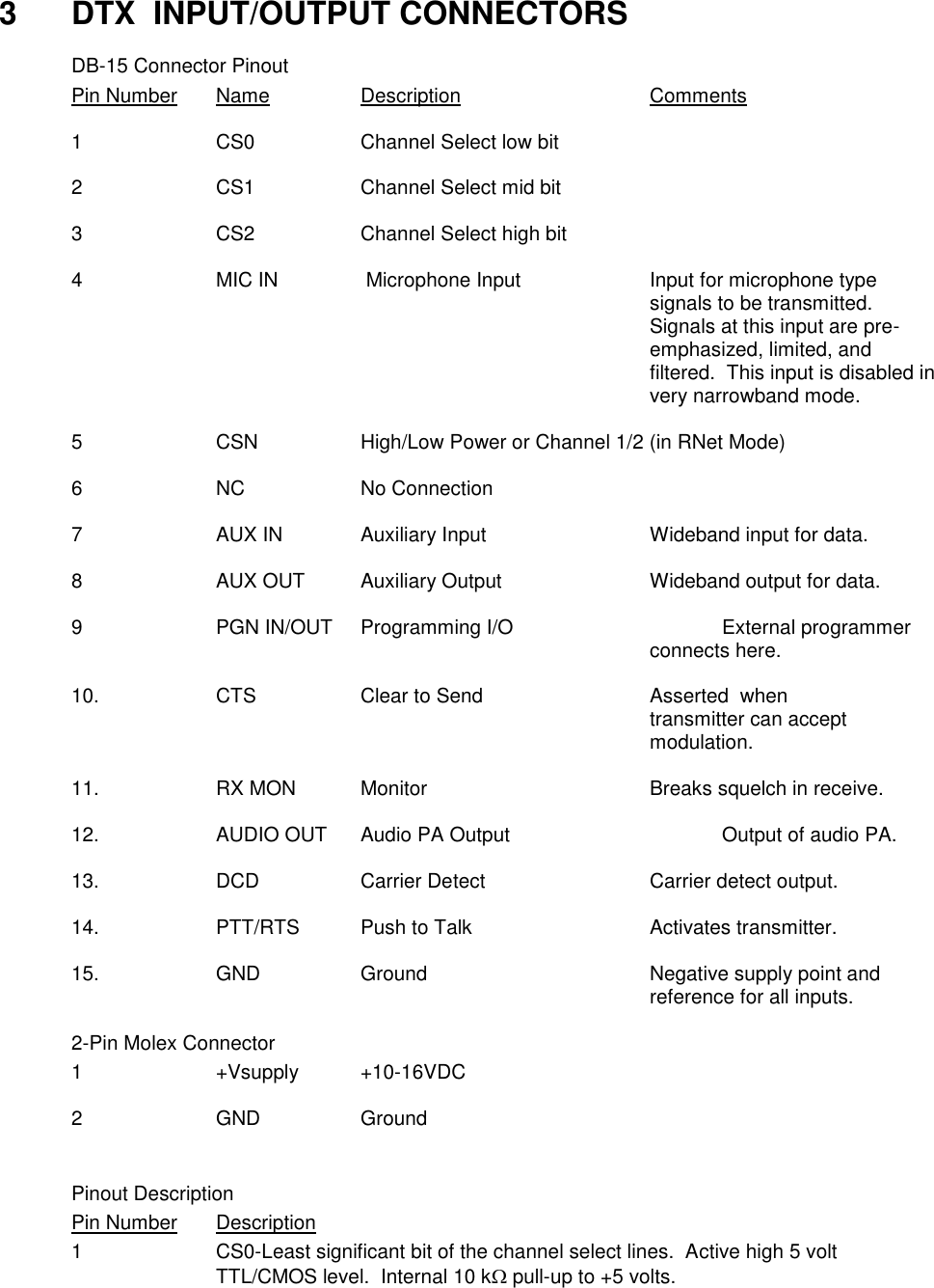    3  DTX  INPUT/OUTPUT CONNECTORS   DB-15 Connector Pinout Pin Number  Name    Description      Comments  1    CS0    Channel Select low bit  2    CS1    Channel Select mid bit  3    CS2    Channel Select high bit  4  MIC IN     Microphone Input    Input for microphone type        signals to be transmitted.  Signals at this input are pre-emphasized, limited, and filtered.  This input is disabled in very narrowband mode.  5    CSN    High/Low Power or Channel 1/2 (in RNet Mode)  6    NC    No Connection    7    AUX IN   Auxiliary Input      Wideband input for data.  8    AUX OUT  Auxiliary Output     Wideband output for data.  9    PGN IN/OUT  Programming I/O      External programmer                  connects here.  10.    CTS    Clear to Send      Asserted  when                 transmitter can accept                 modulation.  11.    RX MON  Monitor       Breaks squelch in receive.  12.    AUDIO OUT  Audio PA Output      Output of audio PA.  13.    DCD    Carrier Detect      Carrier detect output.  14.    PTT/RTS  Push to Talk      Activates transmitter.  15.    GND    Ground       Negative supply point and                 reference for all inputs.    2-Pin Molex Connector   1  +Vsupply  +10-16VDC    2  GND  Ground   Pinout Description Pin Number  Description 1  CS0-Least significant bit of the channel select lines.  Active high 5 volt TTL/CMOS level.  Internal 10 k pull-up to +5 volts.  