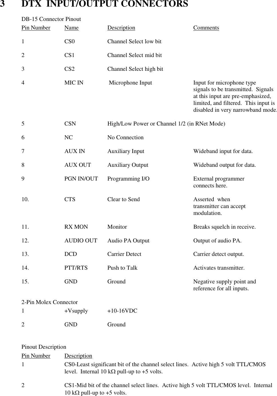3  DTX  INPUT/OUTPUT CONNECTORS   DB-15 Connector Pinout Pin Number  Name    Description      Comments  1    CS0    Channel Select low bit  2    CS1    Channel Select mid bit  3    CS2    Channel Select high bit  4  MIC IN     Microphone Input    Input for microphone type        signals to be transmitted.  Signals at this input are pre-emphasized, limited, and filtered.  This input is disabled in very narrowband mode.  5    CSN    High/Low Power or Channel 1/2 (in RNet Mode)  6    NC    No Connection     7    AUX IN   Auxiliary Input      Wideband input for data.  8    AUX OUT  Auxiliary Output     Wideband output for data.  9    PGN IN/OUT  Programming I/O     External programmer                  connects here.  10.    CTS    Clear to Send      Asserted  when                 transmitter can accept                 modulation.  11.    RX MON  Monitor       Breaks squelch in receive.  12.    AUDIO OUT  Audio PA Output     Output of audio PA.  13.    DCD    Carrier Detect      Carrier detect output.  14.    PTT/RTS  Push to Talk      Activates transmitter.  15.    GND    Ground        Negative supply point and                 reference for all inputs.    2-Pin Molex Connector   1  +Vsupply  +10-16VDC    2  GND  Ground   Pinout Description Pin Number  Description 1  CS0-Least significant bit of the channel select lines.  Active high 5 volt TTL/CMOS level.  Internal 10 k pull-up to +5 volts.  2  CS1-Mid bit of the channel select lines.  Active high 5 volt TTL/CMOS level.  Internal 10 k pull-up to +5 volts.   