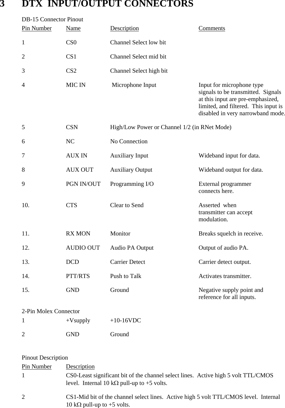 3  DTX  INPUT/OUTPUT CONNECTORS   DB-15 Connector Pinout Pin Number Name   Description   Comments  1    CS0    Channel Select low bit  2    CS1    Channel Select mid bit  3  CS2  Channel Select high bit  4  MIC IN    Microphone Input    Input for microphone type        signals to be transmitted.  Signals at this input are pre-emphasized, limited, and filtered.  This input is disabled in very narrowband mode.  5    CSN    High/Low Power or Channel 1/2 (in RNet Mode)  6  NC  No Connection    7  AUX IN  Auxiliary Input   Wideband input for data.  8  AUX OUT Auxiliary Output   Wideband output for data.  9    PGN IN/OUT  Programming I/O     External programmer          connects here.  10.  CTS  Clear to Send   Asserted  when         transmitter can accept         modulation.  11.  RX MON Monitor    Breaks squelch in receive.  12.  AUDIO OUT Audio PA Output   Output of audio PA.  13.  DCD  Carrier Detect   Carrier detect output.  14.  PTT/RTS Push to Talk   Activates transmitter.  15.  GND  Ground    Negative supply point and          reference for all inputs.    2-Pin Molex Connector  1  +Vsupply +10-16VDC   2  GND  Ground   Pinout Description Pin Number Description 1  CS0-Least significant bit of the channel select lines.  Active high 5 volt TTL/CMOS level.  Internal 10 kΩ pull-up to +5 volts.  2  CS1-Mid bit of the channel select lines.  Active high 5 volt TTL/CMOS level.  Internal 10 kΩ pull-up to +5 volts.   