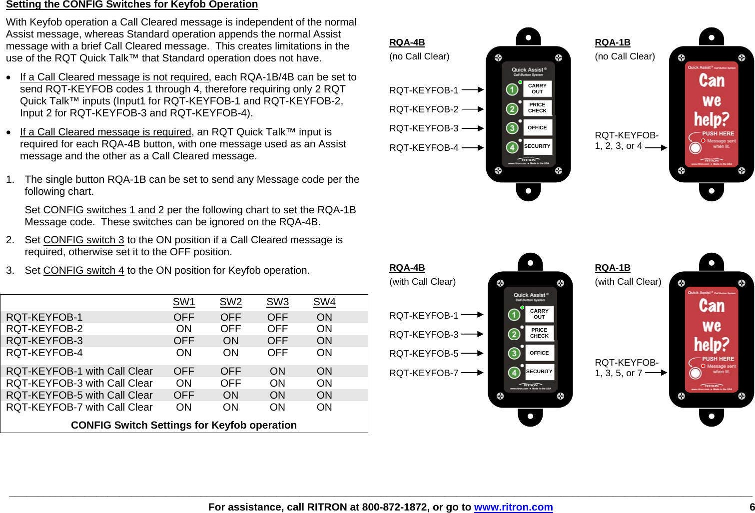 ________________________________________________________________________________________________________________________________   For assistance, call RITRON at 800-872-1872, or go to www.ritron.com 6     Setting the CONFIG Switches for Keyfob Operation With Keyfob operation a Call Cleared message is independent of the normal Assist message, whereas Standard operation appends the normal Assist message with a brief Call Cleared message.  This creates limitations in the use of the RQT Quick Talk™ that Standard operation does not have.   •  If a Call Cleared message is not required, each RQA-1B/4B can be set to send RQT-KEYFOB codes 1 through 4, therefore requiring only 2 RQT Quick Talk™ inputs (Input1 for RQT-KEYFOB-1 and RQT-KEYFOB-2, Input 2 for RQT-KEYFOB-3 and RQT-KEYFOB-4).  •  If a Call Cleared message is required, an RQT Quick Talk™ input is required for each RQA-4B button, with one message used as an Assist message and the other as a Call Cleared message.  1.  The single button RQA-1B can be set to send any Message code per the following chart.   Set CONFIG switches 1 and 2 per the following chart to set the RQA-1B Message code.  These switches can be ignored on the RQA-4B. 2.  Set CONFIG switch 3 to the ON position if a Call Cleared message is required, otherwise set it to the OFF position. 3.  Set CONFIG switch 4 to the ON position for Keyfob operation.   SW1 SW2 SW3 SW4  RQT-KEYFOB-1  OFF OFF OFF  ON RQT-KEYFOB-2 ON OFF OFF ON RQT-KEYFOB-3  OFF ON OFF ON RQT-KEYFOB-4 ON ON OFF ON RQT-KEYFOB-1 with Call Clear OFF  OFF  ON  ON RQT-KEYFOB-3 with Call Clear  ON  OFF  ON  ON RQT-KEYFOB-5 with Call Clear  OFF  ON  ON  ON RQT-KEYFOB-7 with Call Clear  ON  ON  ON  ON   CONFIG Switch Settings for Keyfob operation   CARRYOUT  PRICE CHECK  OFFICE  SECURITYRQA-4B(no Call Clear)  RQT-KEYFOB-1 RQT-KEYFOB-2 RQT-KEYFOB-3 RQT-KEYFOB-4 RQA-1B(no Call Clear)     RQT-KEYFOB- 1, 2, 3, or 4 CARRYOUT  PRICE CHECK  OFFICE  SECURITYRQA-4B(with Call Clear)   RQT-KEYFOB-1 RQT-KEYFOB-3 RQT-KEYFOB-5 RQT-KEYFOB-7 RQA-1B (with Call Clear)     RQT-KEYFOB- 1, 3, 5, or 7 