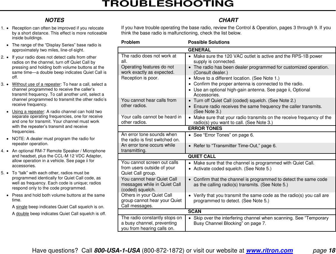 TROUBLESHOOTING   Have questions?  Call 800-USA-1-USA (800-872-1872) or visit our website at www.ritron.com page 18  NOTES 1.   Reception can often be improved if you relocate by a short distance. This effect is more noticeable inside buildings.    The range of the “Display Series” base radio is approximately two miles, line-of-sight.  2.   If your radio does not detect calls from other radios on the channel, turn off Quiet Call by pressing and holding both volume buttons at the same time—a double beep indicates Quiet Call is off.  3.   Without use of a repeater: To hear a call, select a channel programmed to receive the caller’s transmit frequency. To call another unit, select a channel programmed to transmit the other radio’s receive frequency.     Using a repeater: A radio channel can hold two separate operating frequencies, one for receive and one for transmit. Your channel must work with the repeater’s transmit and receive frequencies.     NOTE: A dealer must program the radio for repeater operation.  4.    An optional RM-7 Remote Speaker / Microphone and headset, plus the CCL-M 12 VDC Adapter, allow operation in a vehicle. See page ii for accessories.  5.   To “talk” with each other, radios must be programmed identically for Quiet Call code, as well as frequency. Each code is unique; radios respond only to the code programmed.     Press and hold both volume buttons at the same time.    A single beep indicates Quiet Call squelch is on.    A double beep indicates Quiet Call squelch is off.  CHART If you have trouble operating the base radio, review the Control &amp; Operation, pages 3 through 9. If you think the base radio is malfunctioning, check the list below.  Problem  Possible Solutions  GENERAL  The radio does not work at all.    Make sure the 120 VAC outlet is active and the RPS-1B power supply is connected. Operating features do not work exactly as expected.    The radio has been dealer programmed for customized operation. (Consult dealer.) Reception is poor.    Move to a different location. (See Note 1.)    Confirm the proper antenna is connected to the radio.   Use an optional high-gain antenna. See page ii, Optional Accessories. You cannot hear calls from other radios.    Turn off Quiet Call (coded) squelch. (See Note 2.)    Ensure radio receives the same frequency the caller transmits. (See Note 3.)  Your calls cannot be heard in other radios.    Make sure that your radio transmits on the receive frequency of the radio(s) you want to call. (See Note 3.) ERROR TONES  An error tone sounds when the radio is first switched on.   See “Error Tones” on page 6. An error tone occurs while transmitting.   Refer to “Transmitter Time-Out,” page 6.  QUIET CALL  You cannot screen out calls from users outside of your Quiet Call group.    Make sure that the channel is programmed with Quiet Call.   Activate coded squelch. (See Note 5.)  You cannot hear Quiet Call messages while in Quiet Call (coded) squelch.    Confirm that the channel is programmed to detect the same code as the calling radio(s) transmits. (See Note 5.) Others in your Quiet Call group cannot hear your Quiet Call messages.    Verify that you transmit the same code as the radio(s) you call are programmed to detect. (See Note 5.)  SCAN  The radio constantly stops on a busy channel, preventing you from hearing calls on.   Skip over the interfering channel when scanning. See “Temporary Busy Channel Blocking” on page 7.   