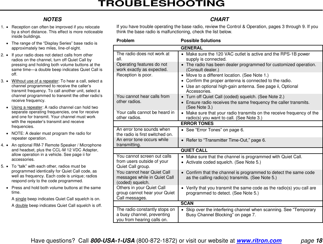 TROUBLESHOOTING   Have questions?  Call 800-USA-1-USA (800-872-1872) or visit our website at www.ritron.com page 18  NOTES 1.   Reception can often be improved if you relocate by a short distance. This effect is more noticeable inside buildings.    The range of the “Display Series” base radio is approximately two miles, line-of-sight.  2.   If your radio does not detect calls from other radios on the channel, turn off Quiet Call by pressing and holding both volume buttons at the same time—a double beep indicates Quiet Call is off.  3.   Without use of a repeater: To hear a call, select a channel programmed to receive the caller’s transmit frequency. To call another unit, select a channel programmed to transmit the other radio’s receive frequency.     Using a repeater: A radio channel can hold two separate operating frequencies, one for receive and one for transmit. Your channel must work with the repeater’s transmit and receive frequencies.     NOTE: A dealer must program the radio for repeater operation.  4.    An optional RM-7 Remote Speaker / Microphone and headset, plus the CCL-M 12 VDC Adapter, allow operation in a vehicle. See page ii for accessories.  5.   To “talk” with each other, radios must be programmed identically for Quiet Call code, as well as frequency. Each code is unique; radios respond only to the code programmed.     Press and hold both volume buttons at the same time.      A single beep indicates Quiet Call squelch is on.      A double beep indicates Quiet Call squelch is off.  CHART If you have trouble operating the base radio, review the Control &amp; Operation, pages 3 through 9. If you think the base radio is malfunctioning, check the list below.  Problem  Possible Solutions  GENERAL  The radio does not work at all.    Make sure the 120 VAC outlet is active and the RPS-1B power supply is connected. Operating features do not work exactly as expected.    The radio has been dealer programmed for customized operation. (Consult dealer.) Reception is poor.    Move to a different location. (See Note 1.)    Confirm the proper antenna is connected to the radio.   Use an optional high-gain antenna. See page ii, Optional Accessories. You cannot hear calls from other radios.    Turn off Quiet Call (coded) squelch. (See Note 2.)    Ensure radio receives the same frequency the caller transmits. (See Note 3.)  Your calls cannot be heard in other radios.    Make sure that your radio transmits on the receive frequency of the radio(s) you want to call. (See Note 3.) ERROR TONES  An error tone sounds when the radio is first switched on.   See “Error Tones” on page 6. An error tone occurs while transmitting.   Refer to “Transmitter Time-Out,” page 6.  QUIET CALL  You cannot screen out calls from users outside of your Quiet Call group.    Make sure that the channel is programmed with Quiet Call.   Activate coded squelch. (See Note 5.)  You cannot hear Quiet Call messages while in Quiet Call (coded) squelch.    Confirm that the channel is programmed to detect the same code as the calling radio(s) transmits. (See Note 5.) Others in your Quiet Call group cannot hear your Quiet Call messages.    Verify that you transmit the same code as the radio(s) you call are programmed to detect. (See Note 5.)  SCAN  The radio constantly stops on a busy channel, preventing you from hearing calls on.   Skip over the interfering channel when scanning. See “Temporary Busy Channel Blocking” on page 7.   