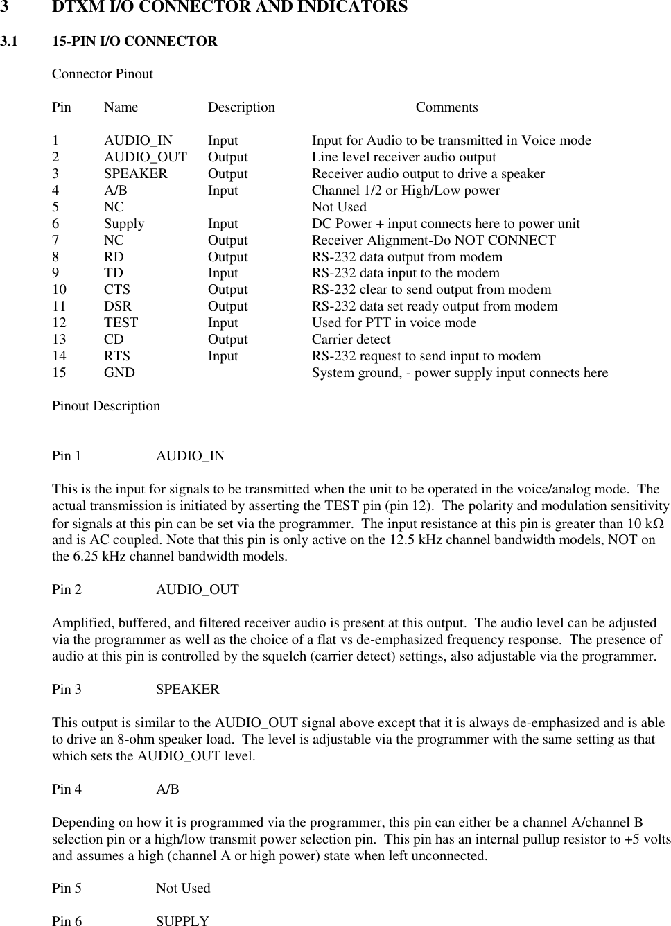 3  DTXM I/O CONNECTOR AND INDICATORS  3.1  15-PIN I/O CONNECTOR  Connector Pinout  Pin   Name    Description      Comments  1  AUDIO_IN  Input    Input for Audio to be transmitted in Voice mode 2  AUDIO_OUT  Output    Line level receiver audio output 3  SPEAKER  Output    Receiver audio output to drive a speaker 4  A/B    Input    Channel 1/2 or High/Low power 5  NC        Not Used 6  Supply    Input    DC Power + input connects here to power unit 7  NC    Output    Receiver Alignment-Do NOT CONNECT 8  RD    Output    RS-232 data output from modem 9  TD    Input    RS-232 data input to the modem 10  CTS    Output    RS-232 clear to send output from modem 11  DSR    Output    RS-232 data set ready output from modem 12  TEST    Input    Used for PTT in voice mode 13 CD    Output    Carrier detect 14  RTS    Input    RS-232 request to send input to modem 15 GND        System ground, - power supply input connects here  Pinout Description   Pin 1    AUDIO_IN  This is the input for signals to be transmitted when the unit to be operated in the voice/analog mode.  The actual transmission is initiated by asserting the TEST pin (pin 12).  The polarity and modulation sensitivity for signals at this pin can be set via the programmer.  The input resistance at this pin is greater than 10 k and is AC coupled. Note that this pin is only active on the 12.5 kHz channel bandwidth models, NOT on the 6.25 kHz channel bandwidth models.  Pin 2    AUDIO_OUT  Amplified, buffered, and filtered receiver audio is present at this output.  The audio level can be adjusted via the programmer as well as the choice of a flat vs de-emphasized frequency response.  The presence of audio at this pin is controlled by the squelch (carrier detect) settings, also adjustable via the programmer.  Pin 3    SPEAKER  This output is similar to the AUDIO_OUT signal above except that it is always de-emphasized and is able to drive an 8-ohm speaker load.  The level is adjustable via the programmer with the same setting as that which sets the AUDIO_OUT level.  Pin 4    A/B  Depending on how it is programmed via the programmer, this pin can either be a channel A/channel B selection pin or a high/low transmit power selection pin.  This pin has an internal pullup resistor to +5 volts and assumes a high (channel A or high power) state when left unconnected.  Pin 5    Not Used  Pin 6    SUPPLY 