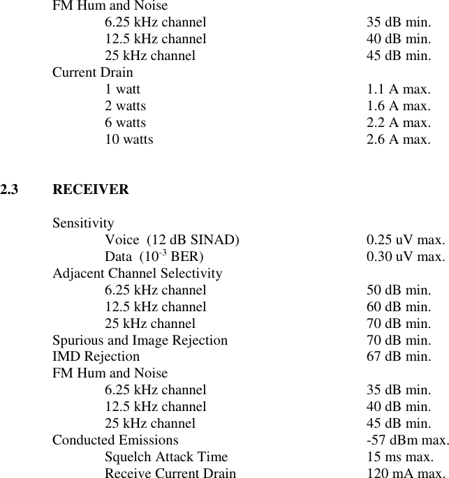 FM Hum and Noise 6.25 kHz channel       35 dB min. 12.5 kHz channel       40 dB min. 25 kHz channel        45 dB min. Current Drain 1 watt          1.1 A max. 2 watts          1.6 A max. 6 watts          2.2 A max. 10 watts         2.6 A max.   2.3  RECEIVER  Sensitivity Voice  (12 dB SINAD)      0.25 uV max. Data  (10-3 BER)        0.30 uV max. Adjacent Channel Selectivity 6.25 kHz channel       50 dB min. 12.5 kHz channel       60 dB min. 25 kHz channel        70 dB min. Spurious and Image Rejection      70 dB min. IMD Rejection          67 dB min. FM Hum and Noise 6.25 kHz channel       35 dB min. 12.5 kHz channel       40 dB min. 25 kHz channel        45 dB min. Conducted Emissions        -57 dBm max. Squelch Attack Time      15 ms max. Receive Current Drain      120 mA max.         