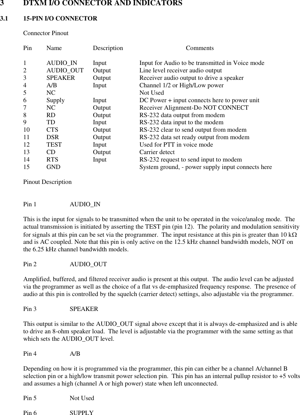 3  DTXM I/O CONNECTOR AND INDICATORS  3.1  15-PIN I/O CONNECTOR  Connector Pinout  Pin   Name    Description      Comments  1  AUDIO_IN  Input    Input for Audio to be transmitted in Voice mode 2  AUDIO_OUT  Output    Line level receiver audio output 3  SPEAKER  Output    Receiver audio output to drive a speaker 4  A/B    Input    Channel 1/2 or High/Low power 5  NC        Not Used 6  Supply    Input    DC Power + input connects here to power unit 7  NC    Output    Receiver Alignment-Do NOT CONNECT 8  RD    Output    RS-232 data output from modem 9  TD    Input    RS-232 data input to the modem 10  CTS    Output    RS-232 clear to send output from modem 11  DSR    Output    RS-232 data set ready output from modem 12  TEST    Input    Used for PTT in voice mode 13 CD    Output    Carrier detect 14  RTS    Input    RS-232 request to send input to modem 15 GND        System ground, - power supply input connects here  Pinout Description   Pin 1    AUDIO_IN  This is the input for signals to be transmitted when the unit to be operated in the voice/analog mode.  The actual transmission is initiated by asserting the TEST pin (pin 12).  The polarity and modulation sensitivity for signals at this pin can be set via the programmer.  The input resistance at this pin is greater than 10 k and is AC coupled. Note that this pin is only active on the 12.5 kHz channel bandwidth models, NOT on the 6.25 kHz channel bandwidth models.  Pin 2    AUDIO_OUT  Amplified, buffered, and filtered receiver audio is present at this output.  The audio level can be adjusted via the programmer as well as the choice of a flat vs de-emphasized frequency response.  The presence of audio at this pin is controlled by the squelch (carrier detect) settings, also adjustable via the programmer.  Pin 3    SPEAKER  This output is similar to the AUDIO_OUT signal above except that it is always de-emphasized and is able to drive an 8-ohm speaker load.  The level is adjustable via the programmer with the same setting as that which sets the AUDIO_OUT level.  Pin 4    A/B  Depending on how it is programmed via the programmer, this pin can either be a channel A/channel B selection pin or a high/low transmit power selection pin.  This pin has an internal pullup resistor to +5 volts and assumes a high (channel A or high power) state when left unconnected.  Pin 5    Not Used  Pin 6    SUPPLY 