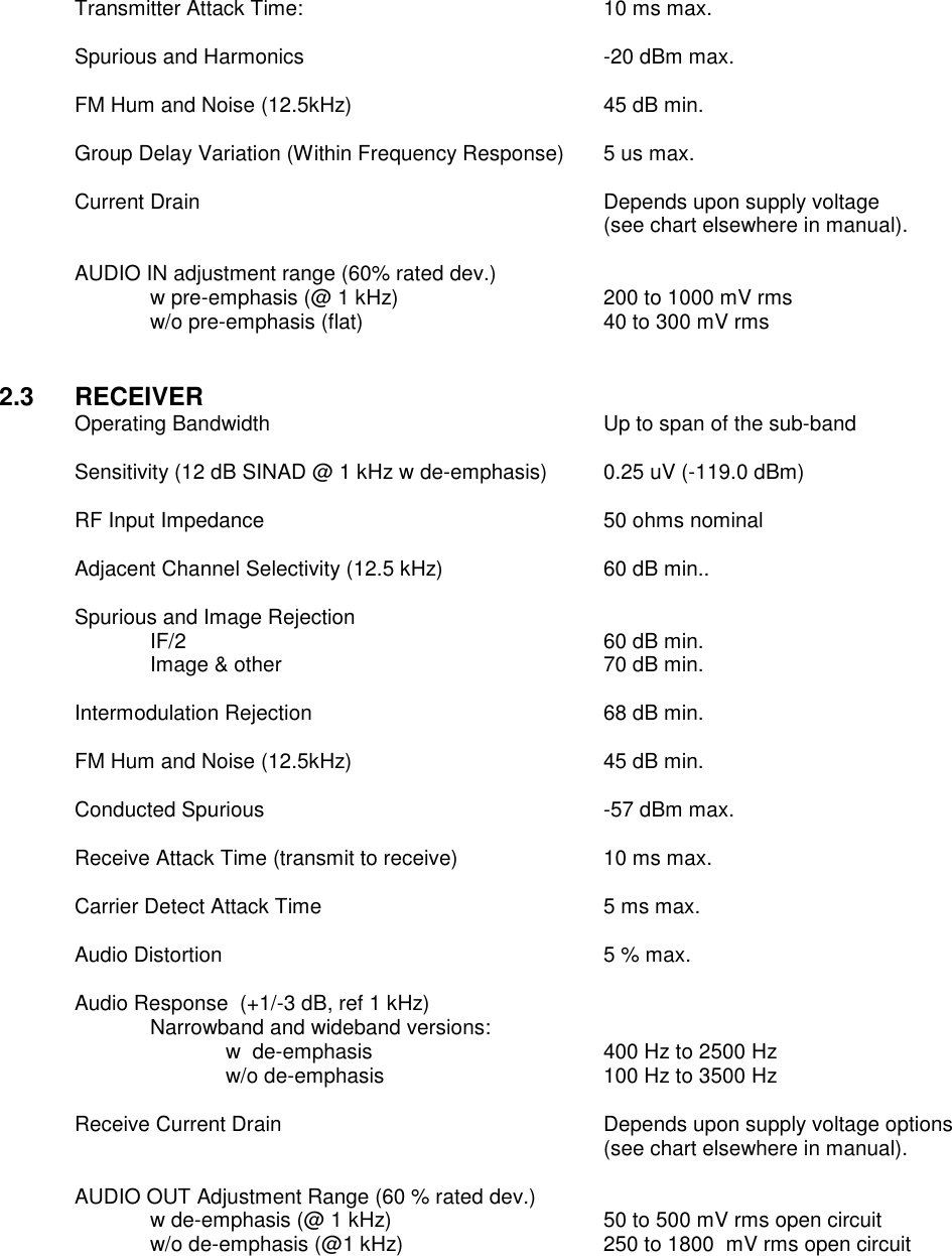 Transmitter Attack Time:        10 ms max.  Spurious and Harmonics        -20 dBm max.  FM Hum and Noise (12.5kHz)        45 dB min.      Group Delay Variation (Within Frequency Response)  5 us max.  Current Drain            Depends upon supply voltage  (see chart elsewhere in manual).    AUDIO IN adjustment range (60% rated dev.)   w pre-emphasis (@ 1 kHz)      200 to 1000 mV rms     w/o pre-emphasis (flat)        40 to 300 mV rms   2.3  RECEIVER Operating Bandwidth          Up to span of the sub-band  Sensitivity (12 dB SINAD @ 1 kHz w de-emphasis)  0.25 uV (-119.0 dBm)  RF Input Impedance          50 ohms nominal  Adjacent Channel Selectivity (12.5 kHz)      60 dB min..      Spurious and Image Rejection   IF/2            60 dB min.   Image &amp; other          70 dB min.          Intermodulation Rejection        68 dB min.  FM Hum and Noise (12.5kHz)        45 dB min.      Conducted Spurious          -57 dBm max.  Receive Attack Time (transmit to receive)    10 ms max.  Carrier Detect Attack Time        5 ms max.  Audio Distortion           5 % max.  Audio Response  (+1/-3 dB, ref 1 kHz)   Narrowband and wideband versions:       w  de-emphasis       400 Hz to 2500 Hz       w/o de-emphasis      100 Hz to 3500 Hz  Receive Current Drain  Depends upon supply voltage options (see chart elsewhere in manual).  AUDIO OUT Adjustment Range (60 % rated dev.)   w de-emphasis (@ 1 kHz)      50 to 500 mV rms open circuit   w/o de-emphasis (@1 kHz)      250 to 1800  mV rms open circuit              