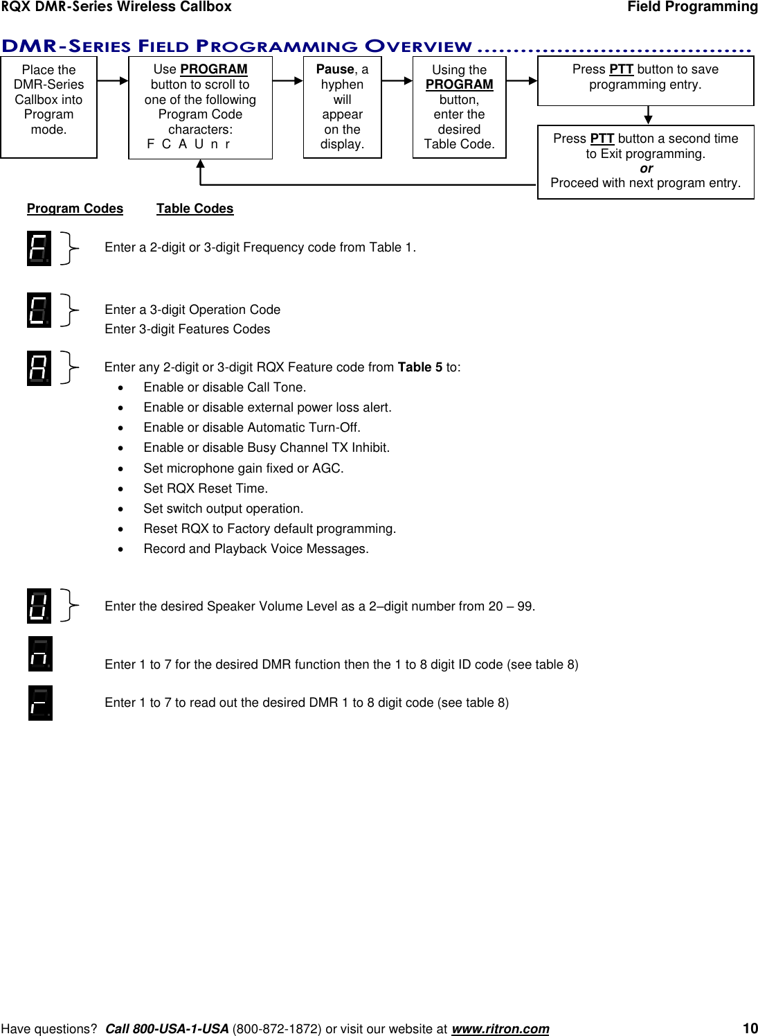 RQX DMR-Series Wireless Callbox  Field Programming     Have questions?  Call 800-USA-1-USA (800-872-1872) or visit our website at www.ritron.com   10 DMR-SERIES FIELD PROGRAMMING OVERVIEW ......................................   Program Codes  Table Codes  Enter a 2-digit or 3-digit Frequency code from Table 1.   Enter a 3-digit Operation Code Enter 3-digit Features Codes  Enter any 2-digit or 3-digit RQX Feature code from Table 5 to:   Enable or disable Call Tone.   Enable or disable external power loss alert.   Enable or disable Automatic Turn-Off.   Enable or disable Busy Channel TX Inhibit.   Set microphone gain fixed or AGC.   Set RQX Reset Time.   Set switch output operation.   Reset RQX to Factory default programming.   Record and Playback Voice Messages.   Enter the desired Speaker Volume Level as a 2–digit number from 20 – 99.   Enter 1 to 7 for the desired DMR function then the 1 to 8 digit ID code (see table 8)  Enter 1 to 7 to read out the desired DMR 1 to 8 digit code (see table 8) Place the DMR-Series Callbox into  Program mode. Use PROGRAM  button to scroll to one of the following Program Code  characters:   F  C  A  U  n  r Pause, a hyphen will  appear on the display. Using the PROGRAM button,  enter the desired  Table Code. Press PTT button to save  programming entry. Press PTT button a second time to Exit programming. or Proceed with next program entry. 