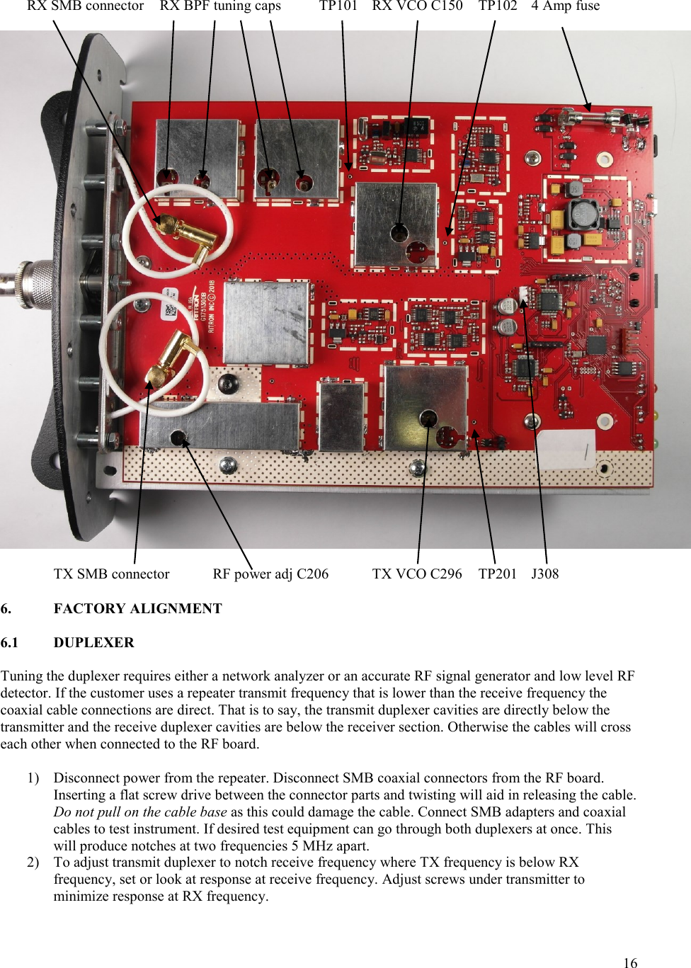 16   RX SMB connector  RX BPF tuning caps  TP101  RX VCO C150  TP102  4 Amp fuse      TX SMB connector  RF power adj C206  TX VCO C296  TP201  J308  6.  FACTORY ALIGNMENT  6.1  DUPLEXER  Tuning the duplexer requires either a network analyzer or an accurate RF signal generator and low level RF detector. If the customer uses a repeater transmit frequency that is lower than the receive frequency the coaxial cable connections are direct. That is to say, the transmit duplexer cavities are directly below the transmitter and the receive duplexer cavities are below the receiver section. Otherwise the cables will cross each other when connected to the RF board.  1) Disconnect power from the repeater. Disconnect SMB coaxial connectors from the RF board. Inserting a flat screw drive between the connector parts and twisting will aid in releasing the cable. Do not pull on the cable base as this could damage the cable. Connect SMB adapters and coaxial cables to test instrument. If desired test equipment can go through both duplexers at once. This will produce notches at two frequencies 5 MHz apart. 2) To adjust transmit duplexer to notch receive frequency where TX frequency is below RX frequency, set or look at response at receive frequency. Adjust screws under transmitter to minimize response at RX frequency. 