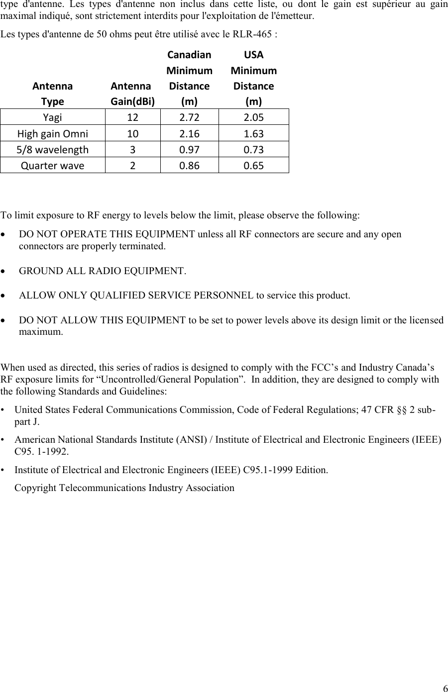 6  type  d&apos;antenne.  Les  types  d&apos;antenne  non  inclus  dans  cette  liste,  ou  dont  le  gain  est  supérieur  au  gain maximal indiqué, sont strictement interdits pour l&apos;exploitation de l&apos;émetteur. Les types d&apos;antenne de 50 ohms peut être utilisé avec le RLR-465 :   Canadian USA   Minimum Minimum Antenna Antenna Distance  Distance  Type Gain(dBi) (m) (m) Yagi 12 2.72 2.05 High gain Omni 10 2.16 1.63 5/8 wavelength 3 0.97 0.73 Quarter wave 2 0.86 0.65   To limit exposure to RF energy to levels below the limit, please observe the following:  DO NOT OPERATE THIS EQUIPMENT unless all RF connectors are secure and any open connectors are properly terminated.   GROUND ALL RADIO EQUIPMENT.   ALLOW ONLY QUALIFIED SERVICE PERSONNEL to service this product.   DO NOT ALLOW THIS EQUIPMENT to be set to power levels above its design limit or the licensed maximum.   When used as directed, this series of radios is designed to comply with the FCC’s and Industry Canada’s RF exposure limits for “Uncontrolled/General Population”.  In addition, they are designed to comply with the following Standards and Guidelines: •   United States Federal Communications Commission, Code of Federal Regulations; 47 CFR §§ 2 sub-part J.  •   American National Standards Institute (ANSI) / Institute of Electrical and Electronic Engineers (IEEE) C95. 1-1992. •   Institute of Electrical and Electronic Engineers (IEEE) C95.1-1999 Edition.  Copyright Telecommunications Industry Association 