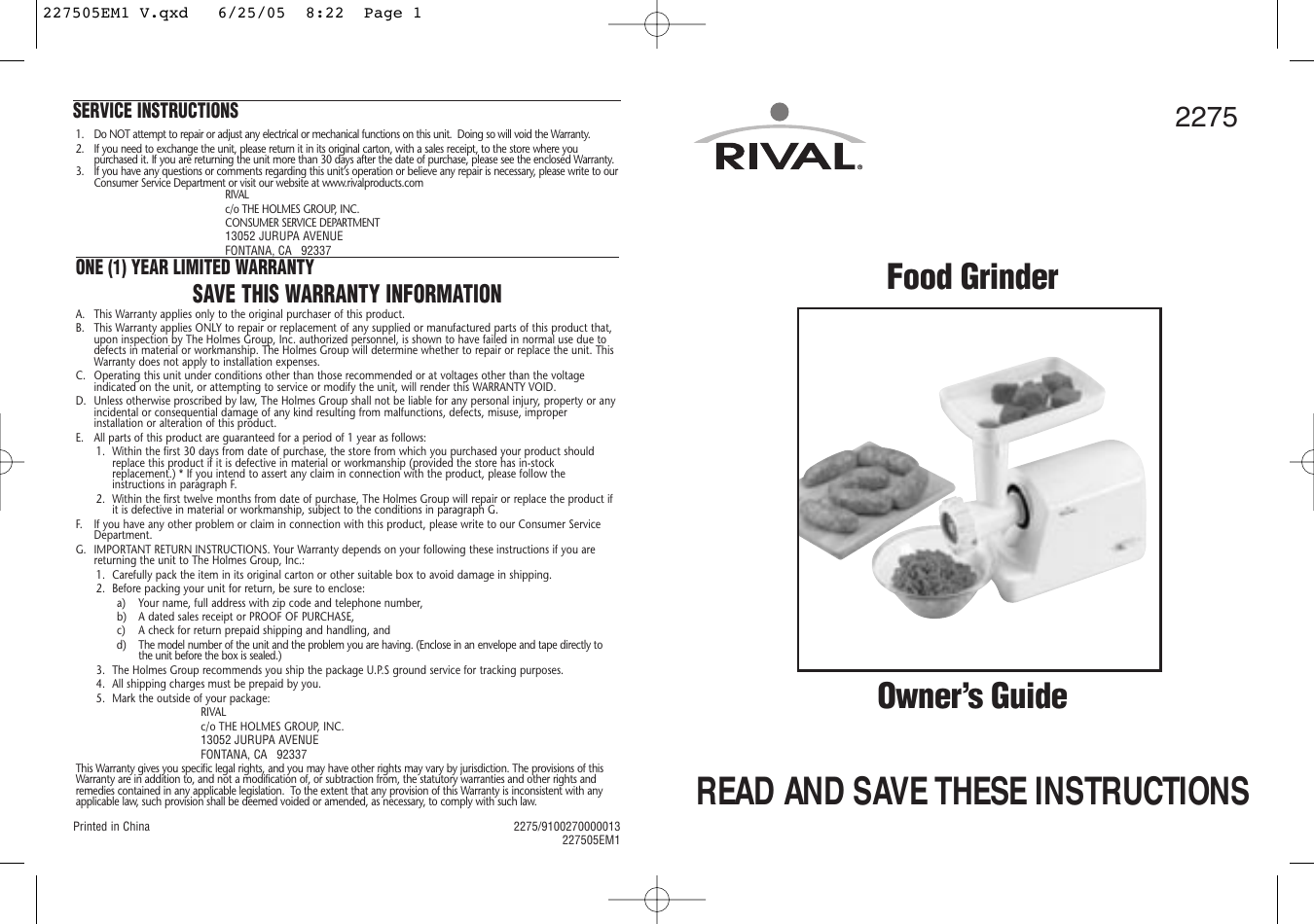 Page 1 of 6 - Rival Rival-Food-Grinder-Users-Manual- 227505EM1 V  Rival-food-grinder-users-manual