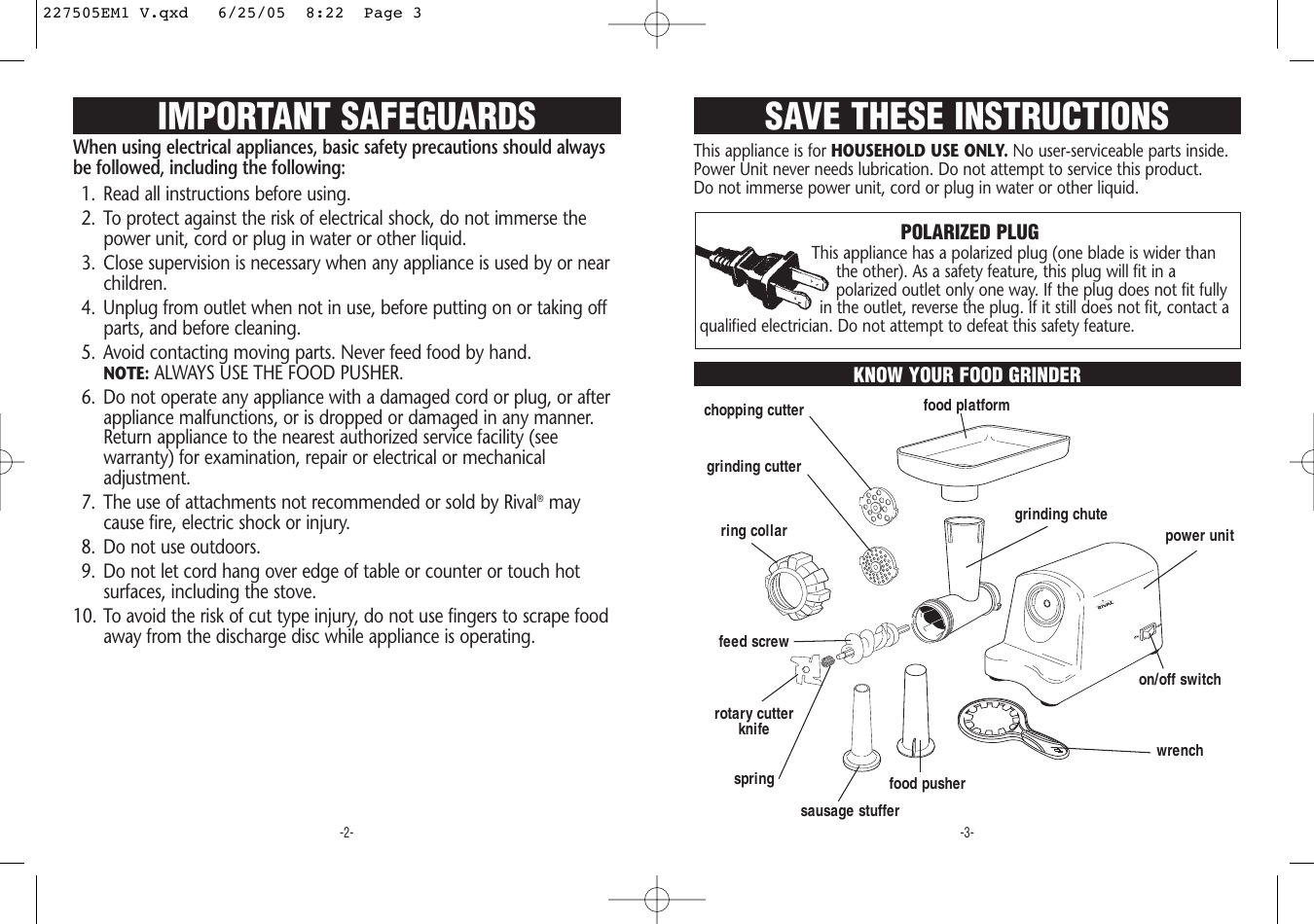 Page 2 of 6 - Rival Rival-Food-Grinder-Users-Manual- 227505EM1 V  Rival-food-grinder-users-manual