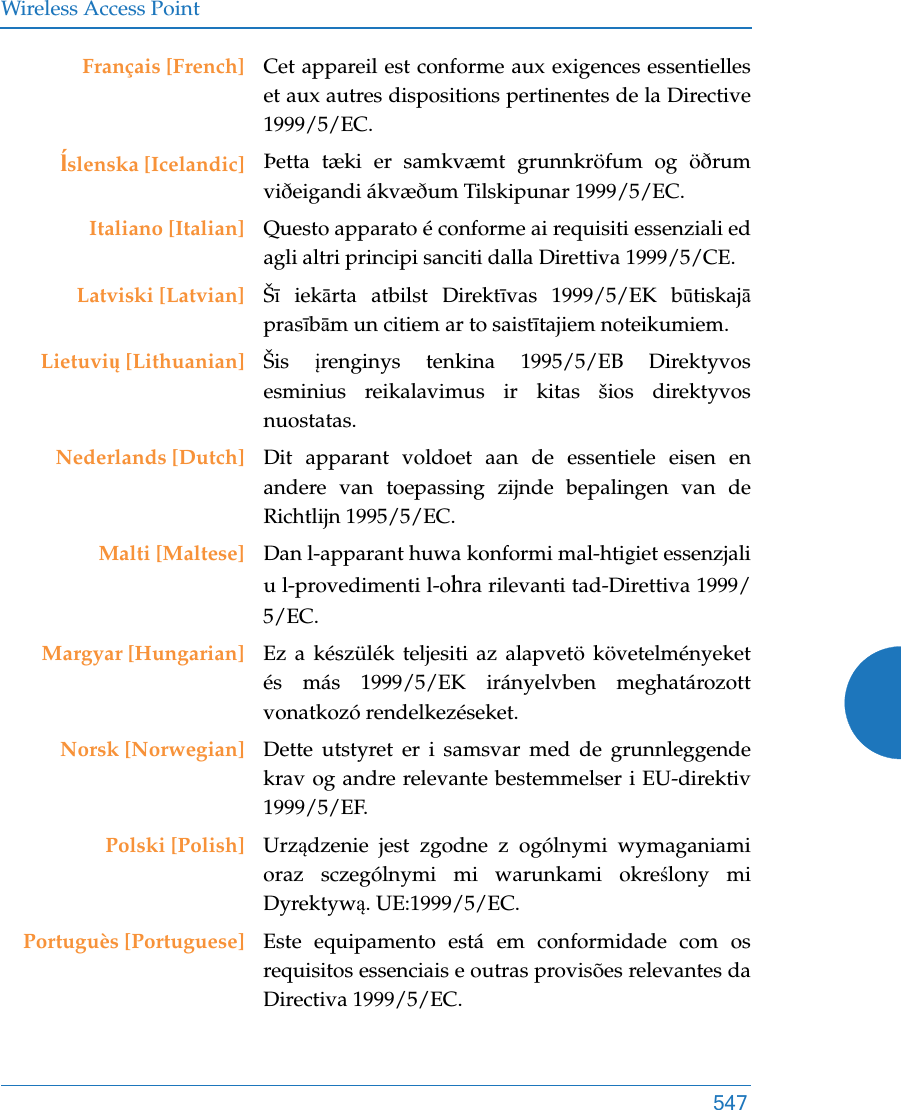 Wireless Access Point547Français [French] Cet appareil est conforme aux exigences essentielles et aux autres dispositions pertinentes de la Directive 1999/5/EC.ĺslenska [Icelandic] Þetta tæki er samkvæmt grunnkröfum og öðrum viðeigandi ákvæðum Tilskipunar 1999/5/EC.Italiano [Italian] Questo apparato é conforme ai requisiti essenziali ed agli altri principi sanciti dalla Direttiva 1999/5/CE.Latviski [Latvian] Šī iekārta atbilst Direktīvas 1999/5/EK būtiskajāprasībām un citiem ar to saistītajiem noteikumiem.Lietuvių [Lithuanian] Šis  įrenginys tenkina 1995/5/EB Direktyvos esminius reikalavimus ir kitas šios direktyvos nuostatas.Nederlands [Dutch] Dit apparant voldoet aan de essentiele eisen en andere van toepassing zijnde bepalingen van de Richtlijn 1995/5/EC.Malti [Maltese] Dan l-apparant huwa konformi mal-htigiet essenzjali u l-provedimenti l-ohra rilevanti tad-Direttiva 1999/5/EC.Margyar [Hungarian] Ez a készülék teljesiti az alapvetö követelményeket és más 1999/5/EK irányelvben meghatározott vonatkozó rendelkezéseket.Norsk [Norwegian] Dette utstyret er i samsvar med de grunnleggende krav og andre relevante bestemmelser i EU-direktiv 1999/5/EF.Polski [Polish] Urządzenie jest zgodne z ogólnymi wymaganiami oraz sczególnymi mi warunkami określony mi Dyrektywą. UE:1999/5/EC.Portuguès [Portuguese] Este equipamento está em conformidade com os requisitos essenciais e outras provisões relevantes da Directiva 1999/5/EC.
