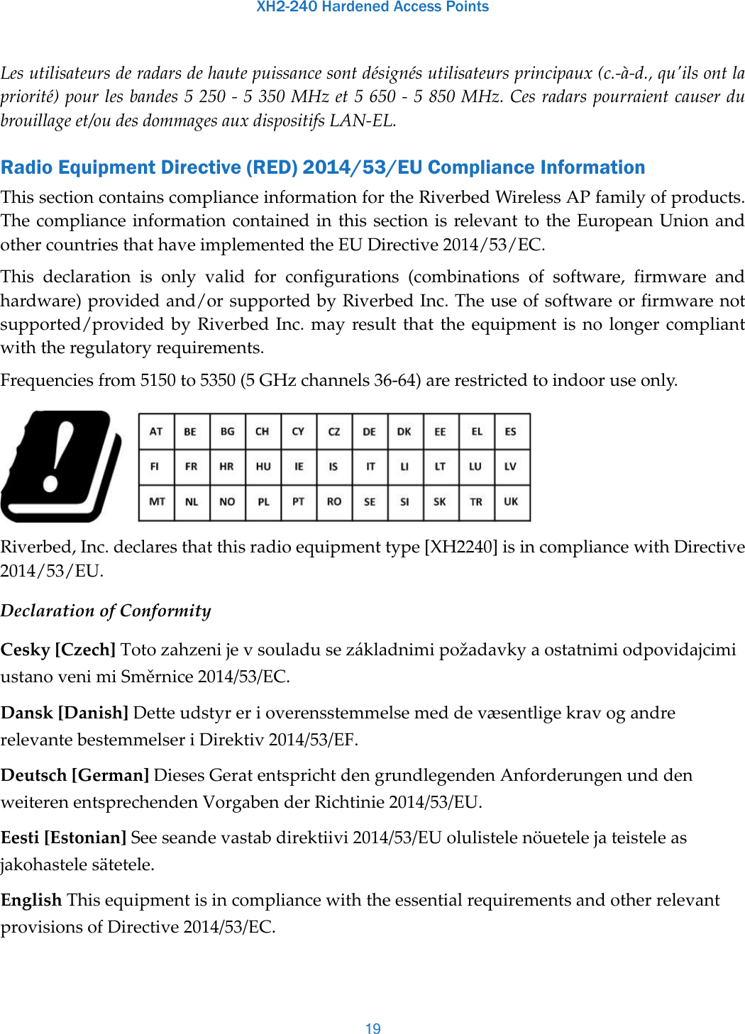 XH2-240 Hardened Access Points19Les utilisateurs de radars de haute puissance sont désignés utilisateurs principaux (c.-à-d., qu&apos;ils ont la priorité) pour les bandes 5 250 - 5 350 MHz et 5 650 - 5 850 MHz. Ces radars pourraient causer du brouillage et/ou des dommages aux dispositifs LAN-EL.Radio Equipment Directive (RED) 2014/53/EU Compliance Information This section contains compliance information for the Riverbed Wireless AP family of products. The compliance information contained in this section is relevant to the European Union and other countries that have implemented the EU Directive 2014/53/EC.This declaration is only valid for configurations (combinations of software, firmware and hardware) provided and/or supported by Riverbed Inc. The use of software or firmware not supported/provided by Riverbed Inc. may result that the equipment is no longer compliant with the regulatory requirements.Frequencies from 5150 to 5350 (5 GHz channels 36-64) are restricted to indoor use only. Riverbed, Inc. declares that this radio equipment type [XH2240] is in compliance with Directive 2014/53/EU. Declaration of ConformityCesky[Czech]TotozahzenijevsouladusezákladnimipožadavkyaostatnimiodpovidajcimiustanovenimiSměrnice2014/53/EC.Dansk[Danish]DetteudstyrerioverensstemmelsemeddevæsentligekravogandrerelevantebestemmelseriDirektiv2014/53/EF.Deutsch[German]DiesesGeratentsprichtdengrundlegendenAnforderungenunddenweiterenentsprechendenVorgabenderRichtinie2014/53/EU.Eesti[Estonian]Seeseandevastabdirektiivi2014/53/EUolulistelenöuetelejateisteleasjakohastelesätetele.EnglishThisequipmentisincompliancewiththeessentialrequirementsandotherrelevantprovisionsofDirective2014/53/EC.