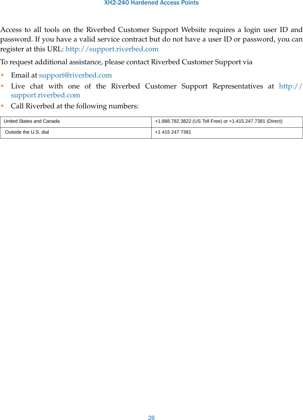 XH2-240 Hardened Access Points26Access to all tools on the Riverbed Customer Support Website requires a login user ID and password. If you have a valid service contract but do not have a user ID or password, you can register at this URL: http://support.riverbed.comTo request additional assistance, please contact Riverbed Customer Support viaEmail at support@riverbed.com Live chat with one of the Riverbed Customer Support Representatives at http://support.riverbed.comCall Riverbed at the following numbers:United States and Canada +1.888.782.3822 (US Toll Free) or +1.415.247.7381 (Direct) Outside the U.S. dial +1 415 247 7381