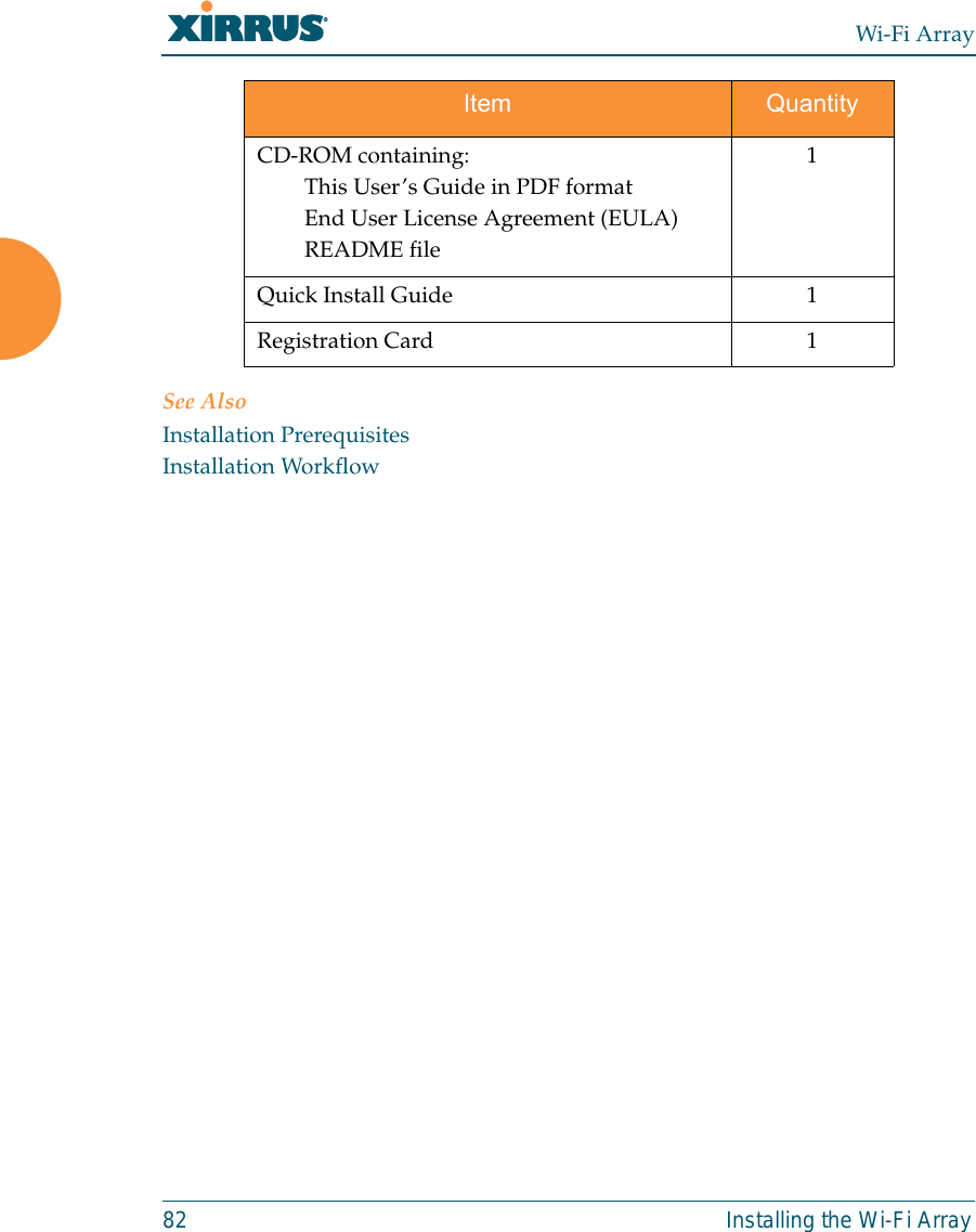 Wi-Fi Array82 Installing the Wi-Fi ArraySee AlsoInstallation PrerequisitesInstallation WorkflowCD-ROM containing:This User’s Guide in PDF formatEnd User License Agreement (EULA)README file1Quick Install Guide 1Registration Card 1Item Quantity