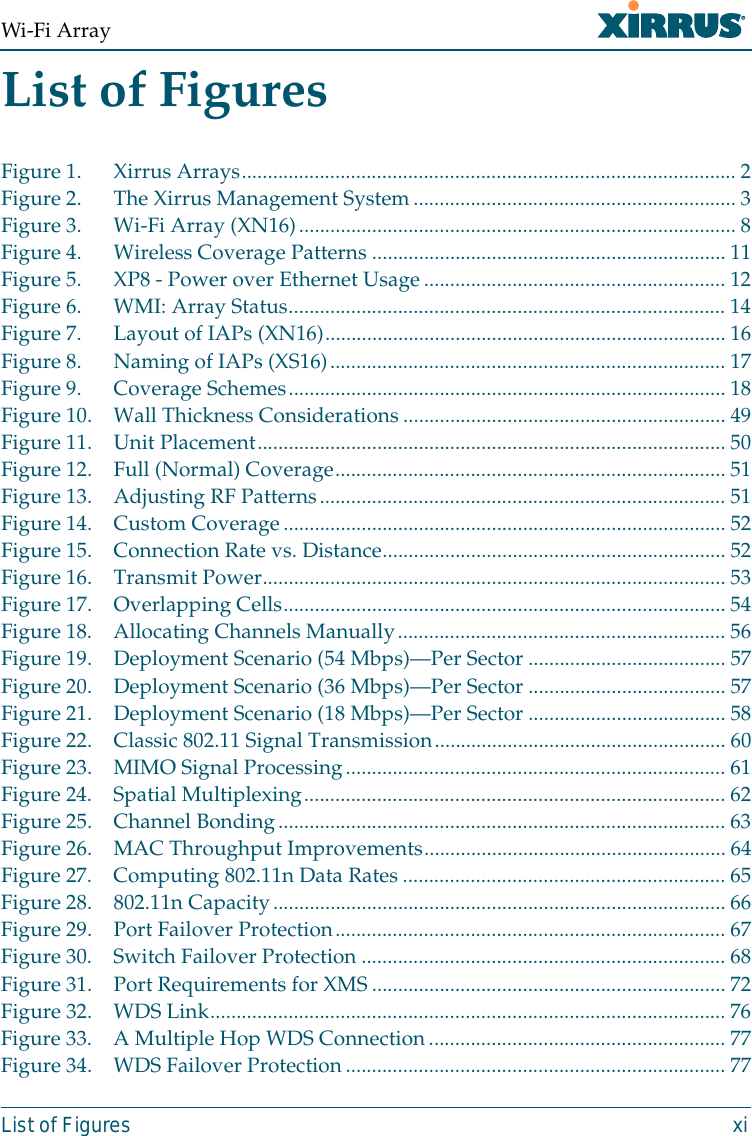 Wi-Fi ArrayList of Figures xiList of FiguresFigure 1. Xirrus Arrays............................................................................................... 2Figure 2. The Xirrus Management System.............................................................. 3Figure 3. Wi-Fi Array (XN16)....................................................................................8Figure 4. Wireless Coverage Patterns .................................................................... 11Figure 5. XP8 - Power over Ethernet Usage..........................................................12Figure 6. WMI: Array Status....................................................................................14Figure 7. Layout of IAPs (XN16).............................................................................16Figure 8. Naming of IAPs (XS16)............................................................................ 17Figure 9. Coverage Schemes....................................................................................18Figure 10. Wall Thickness Considerations.............................................................. 49Figure 11. Unit Placement..........................................................................................50Figure 12. Full (Normal) Coverage........................................................................... 51Figure 13. Adjusting RF Patterns.............................................................................. 51Figure 14. Custom Coverage.....................................................................................52Figure 15. Connection Rate vs. Distance.................................................................. 52Figure 16. Transmit Power.........................................................................................53Figure 17. Overlapping Cells.....................................................................................54Figure 18. Allocating Channels Manually............................................................... 56Figure 19. Deployment Scenario (54 Mbps)—Per Sector ...................................... 57Figure 20. Deployment Scenario (36 Mbps)—Per Sector ...................................... 57Figure 21. Deployment Scenario (18 Mbps)—Per Sector ...................................... 58Figure 22. Classic 802.11 Signal Transmission........................................................60Figure 23. MIMO Signal Processing......................................................................... 61Figure 24. Spatial Multiplexing................................................................................. 62Figure 25. Channel Bonding......................................................................................63Figure 26. MAC Throughput Improvements..........................................................64Figure 27. Computing 802.11n Data Rates .............................................................. 65Figure 28. 802.11n Capacity....................................................................................... 66Figure 29. Port Failover Protection........................................................................... 67Figure 30. Switch Failover Protection ...................................................................... 68Figure 31. Port Requirements for XMS.................................................................... 72Figure 32. WDS Link................................................................................................... 76Figure 33. A Multiple Hop WDS Connection......................................................... 77Figure 34. WDS Failover Protection......................................................................... 77