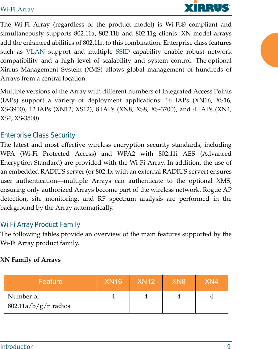 Wi-Fi ArrayIntroduction 9The Wi-Fi Array (regardless of the product model) is Wi-Fi® compliant andsimultaneously supports 802.11a, 802.11b and 802.11g clients. XN model arraysadd the enhanced abilities of 802.11n to this combination. Enterprise class featuressuch as VLAN support and multiple SSID capability enable robust networkcompatibility and a high level of scalability and system control. The optionalXirrus Management System (XMS) allows global management of hundreds ofArrays from a central location.Multiple versions of the Array with different numbers of Integrated Access Points(IAPs) support a variety of deployment applications: 16 IAPs (XN16, XS16,XS-3900), 12 IAPs (XN12, XS12), 8 IAPs (XN8, XS8, XS-3700), and 4 IAPs (XN4,XS4, XS-3500). Enterprise Class SecurityThe latest and most effective wireless encryption security standards, includingWPA (Wi-Fi Protected Access) and WPA2 with 802.11i AES (AdvancedEncryption Standard) are provided with the Wi-Fi Array. In addition, the use ofan embedded RADIUS server (or 802.1x with an external RADIUS server) ensuresuser authentication—multiple Arrays can authenticate to the optional XMS,ensuring only authorized Arrays become part of the wireless network. Rogue APdetection, site monitoring, and RF spectrum analysis are performed in thebackground by the Array automatically.Wi-Fi Array Product FamilyThe following tables provide an overview of the main features supported by theWi-Fi Array product family.XN Family of Arrays Feature XN16 XN12 XN8 XN4Number of802.11a/b/g/n radios 4444