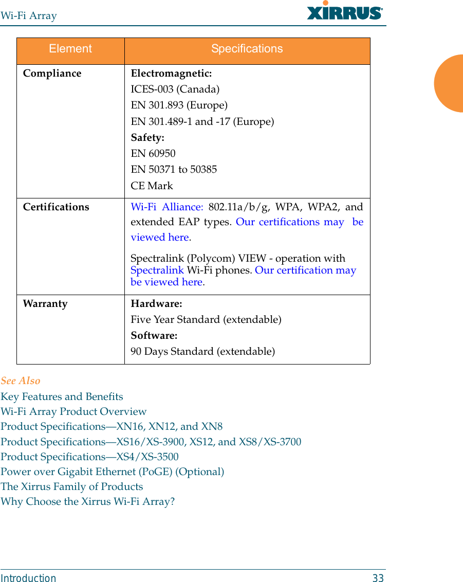Wi-Fi ArrayIntroduction 33See AlsoKey Features and BenefitsWi-Fi Array Product OverviewProduct Specifications—XN16, XN12, and XN8Product Specifications—XS16/XS-3900, XS12, and XS8/XS-3700Product Specifications—XS4/XS-3500Power over Gigabit Ethernet (PoGE) (Optional)The Xirrus Family of ProductsWhy Choose the Xirrus Wi-Fi Array?Compliance Electromagnetic:ICES-003 (Canada)EN 301.893 (Europe)EN 301.489-1 and -17 (Europe)Safety:EN 60950EN 50371 to 50385CE MarkCertifications Wi-Fi Alliance: 802.11a/b/g, WPA, WPA2, andextended EAP types. Our certifications may  beviewed here. Spectralink (Polycom) VIEW - operation with Spectralink Wi-Fi phones. Our certification may be viewed here. Warranty Hardware:Five Year Standard (extendable)Software:90 Days Standard (extendable)Element Specifications