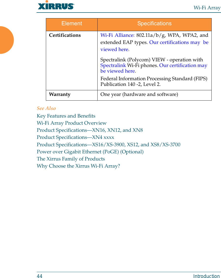 Wi-Fi Array44 IntroductionSee AlsoKey Features and BenefitsWi-Fi Array Product OverviewProduct Specifications—XN16, XN12, and XN8Product Specifications—XN4 xxxxProduct Specifications—XS16/XS-3900, XS12, and XS8/XS-3700Power over Gigabit Ethernet (PoGE) (Optional)The Xirrus Family of ProductsWhy Choose the Xirrus Wi-Fi Array?Certifications Wi-Fi Alliance: 802.11a/b/g, WPA, WPA2, andextended EAP types. Our certifications may  beviewed here. Spectralink (Polycom) VIEW - operation with Spectralink Wi-Fi phones. Our certification may be viewed here. Federal Information Processing Standard (FIPS) Publication 140 -2, Level 2. Warranty One year (hardware and software)Element Specifications