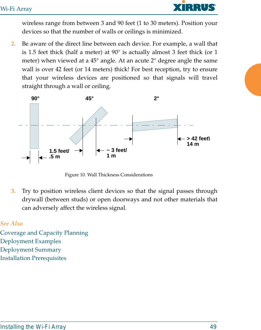 Wi-Fi ArrayInstalling the Wi-Fi Array 49wireless range from between 3 and 90 feet (1 to 30 meters). Position yourdevices so that the number of walls or ceilings is minimized.2. Be aware of the direct line between each device. For example, a wall thatis 1.5 feet thick (half a meter) at 90° is actually almost 3 feet thick (or 1meter) when viewed at a 45° angle. At an acute 2° degree angle the samewall is over 42 feet (or 14 meters) thick! For best reception, try to ensurethat your wireless devices are positioned so that signals will travelstraight through a wall or ceiling.Figure 10. Wall Thickness Considerations3. Try to position wireless client devices so that the signal passes throughdrywall (between studs) or open doorways and not other materials thatcan adversely affect the wireless signal.See AlsoCoverage and Capacity PlanningDeployment ExamplesDeployment SummaryInstallation Prerequisites90° 45°1.5 feet/.5 m ~ 3 feet/1 m&gt; 42 feet\14 m2°